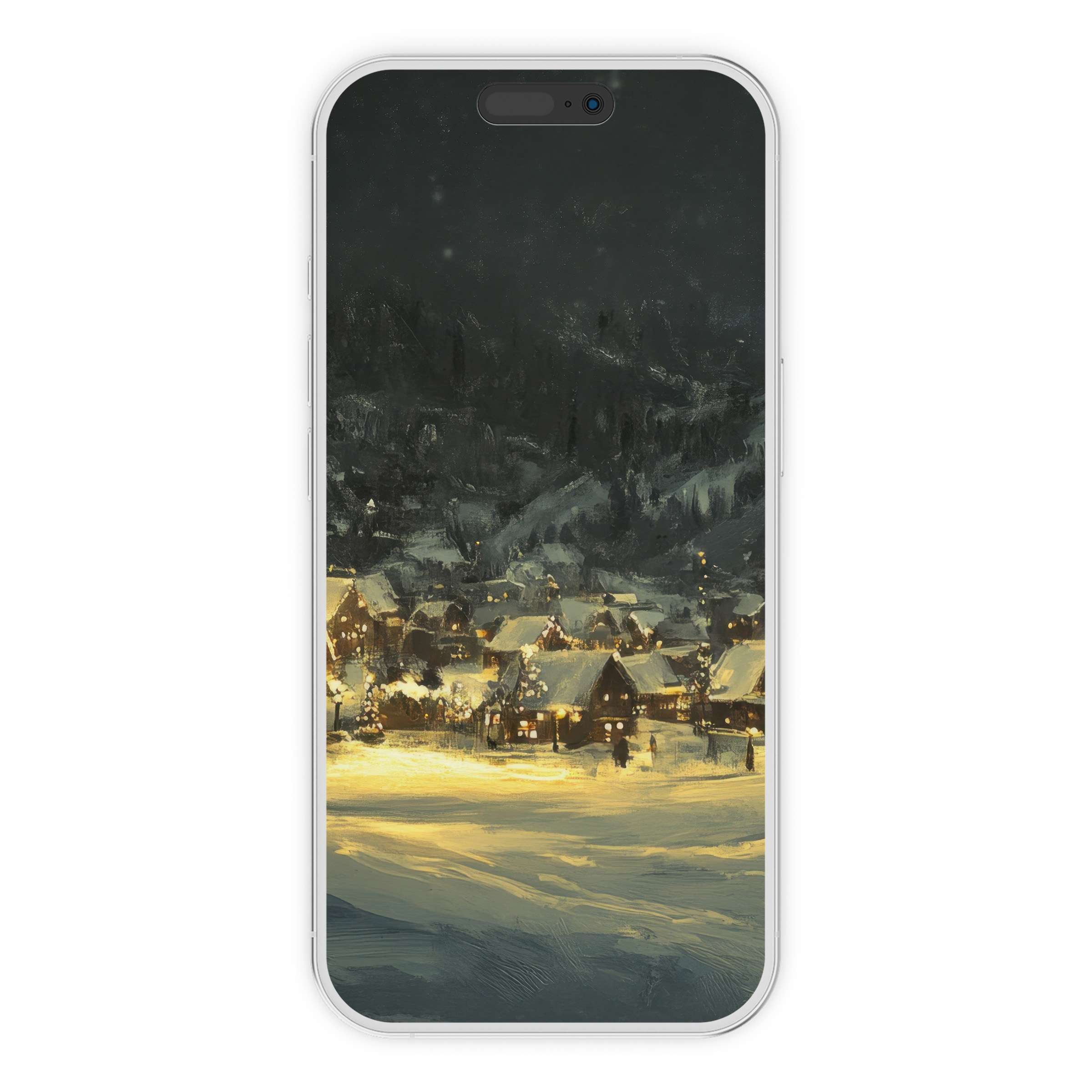 Peaceful snow-covered village in serene digital art, perfect as a christmas iPhone wallpaper phone background digital download