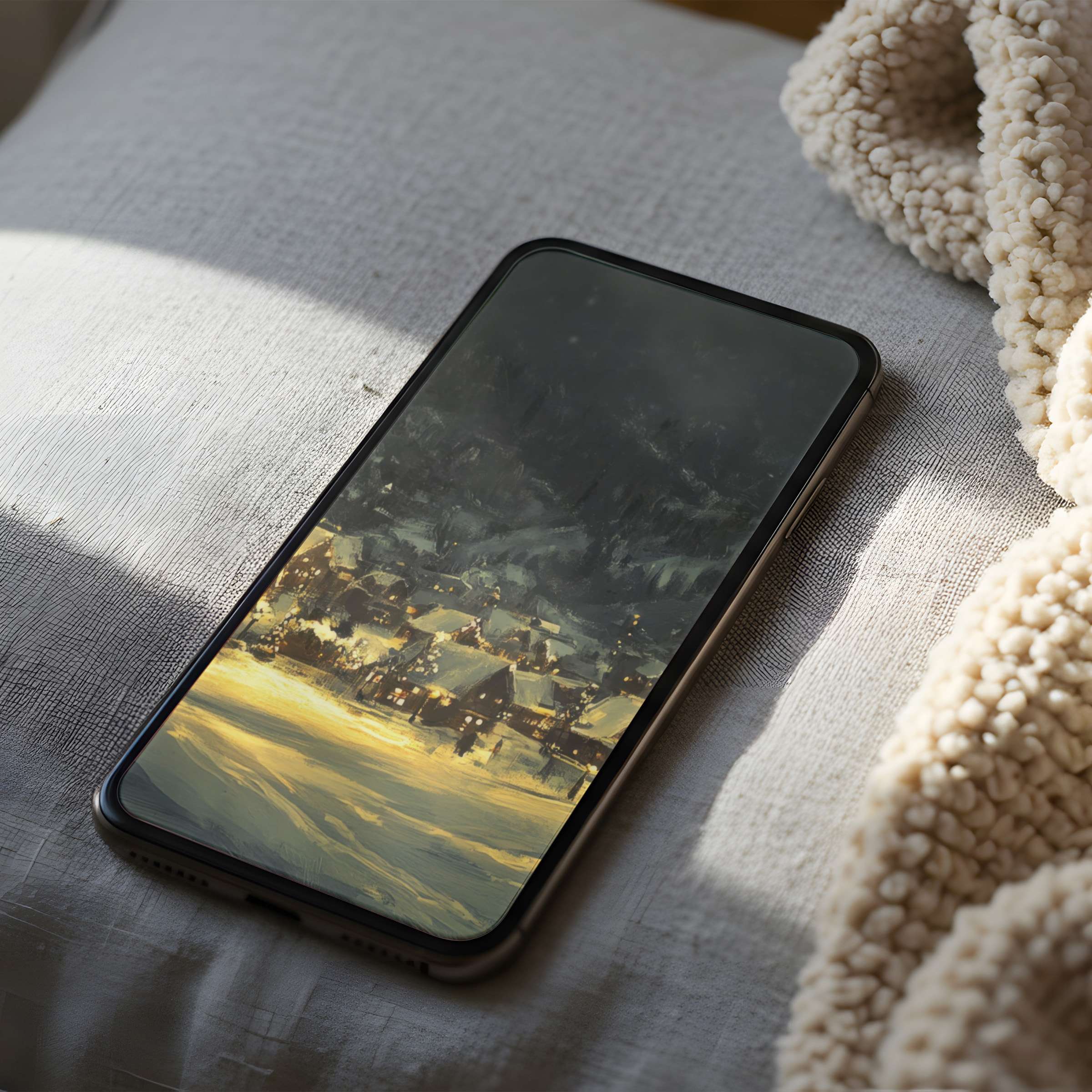 Phone wallpaper featuring serene snowy village in soft, muted tones inspires tranquility; perfect high-resolution digital download for iPhones and Androids