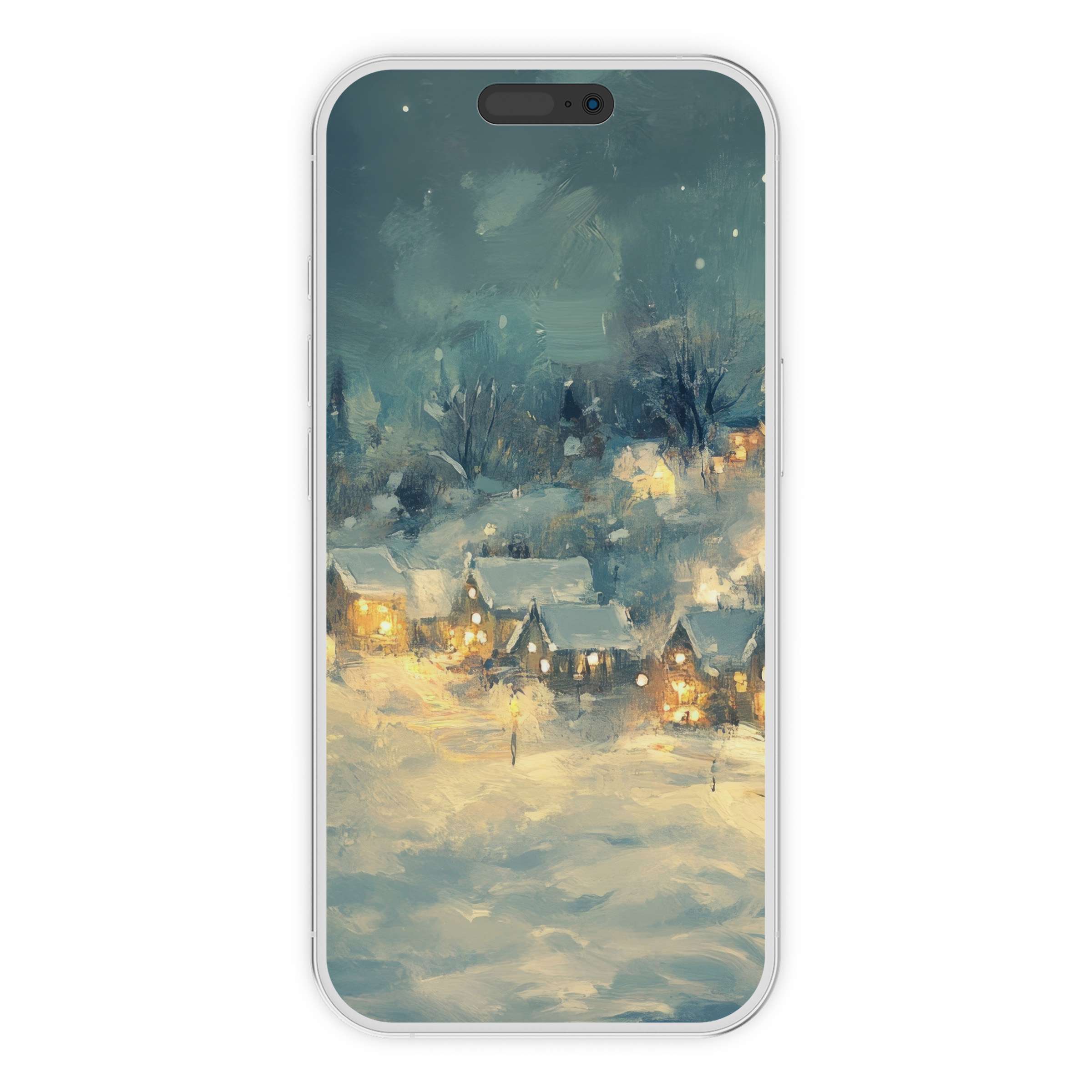 Charming christmas iPhone wallpaper with a serene snowy village background, perfect digital download for phone holiday elegance