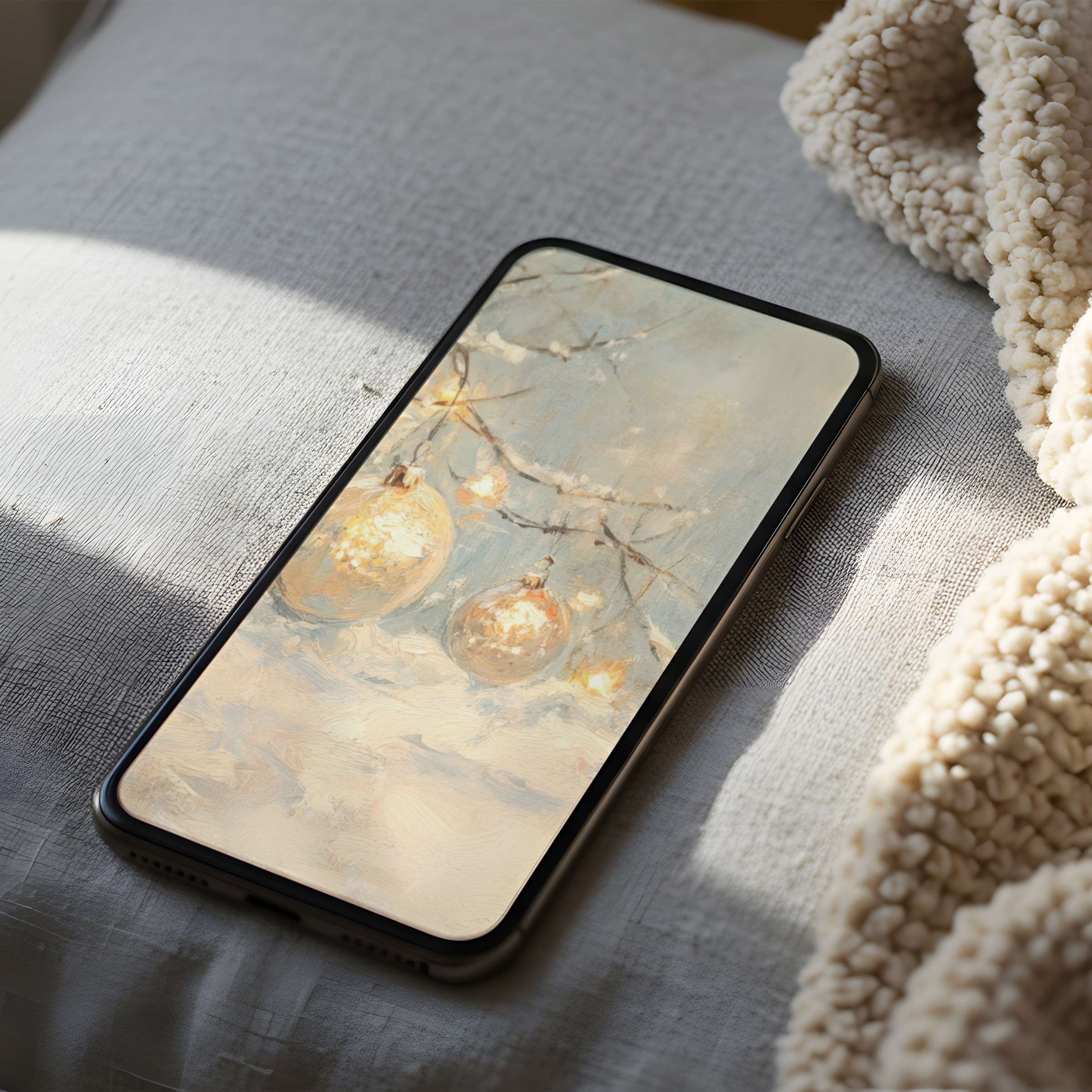 Elegant winter-themed phone wallpaper with golden ornaments on snowy branches, perfect for iPhone and Android digital download