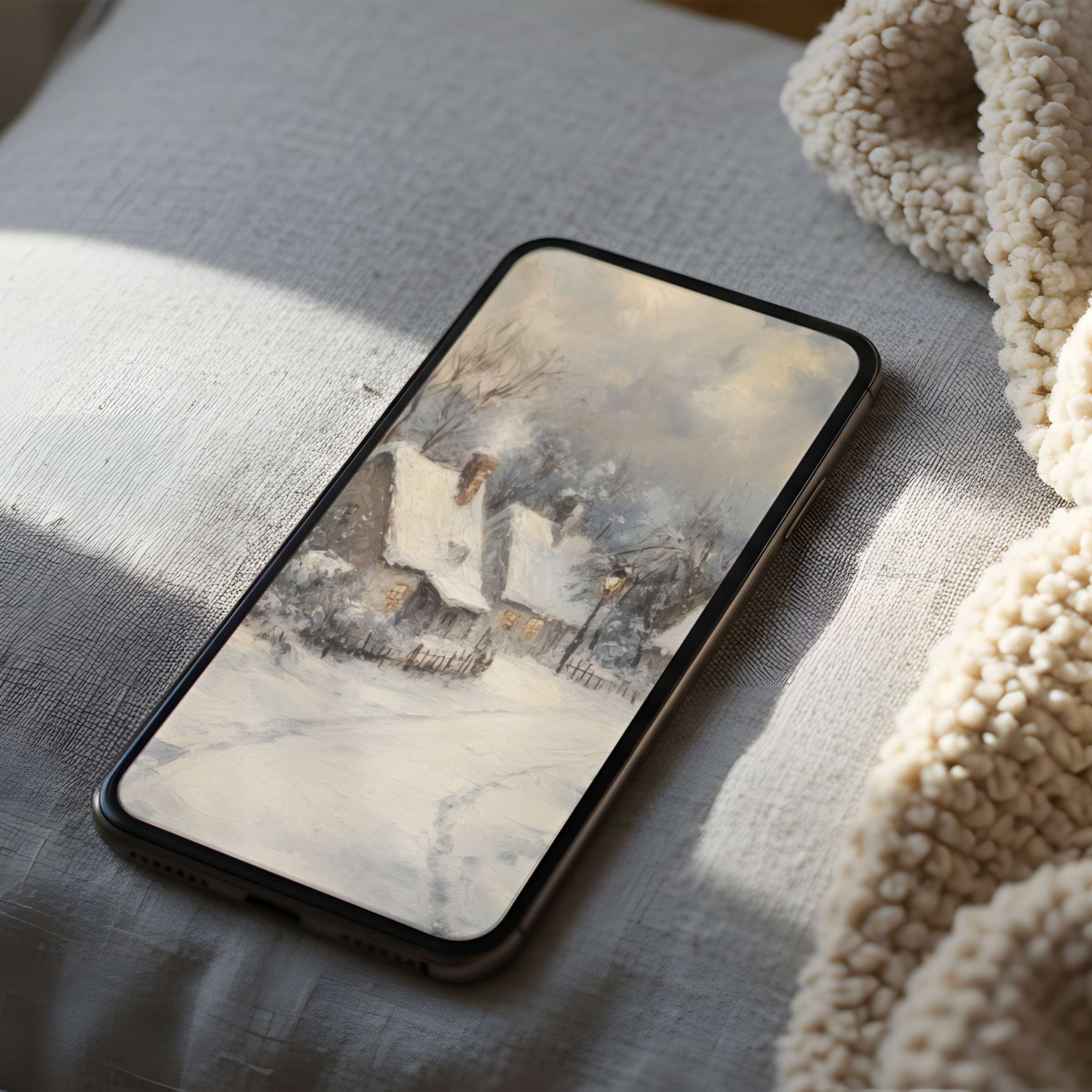 Cozy winter scene phone wallpaper in high resolution captures serene snow-covered cottages, perfect for iPhone and Android digital download