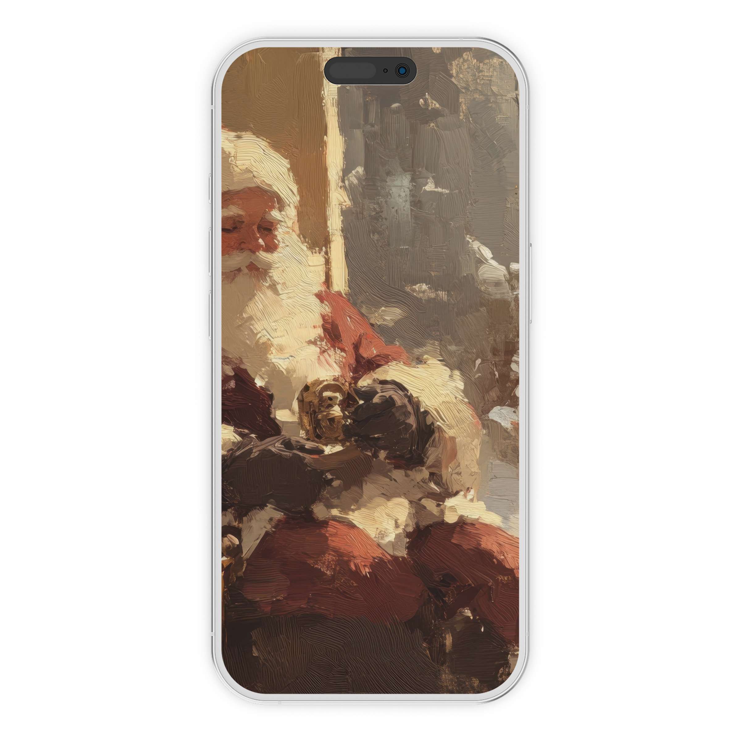 Elegant christmas iPhone wallpaper featuring Santa Claus in a cozy, textured digital painting background, perfect digital download for phone