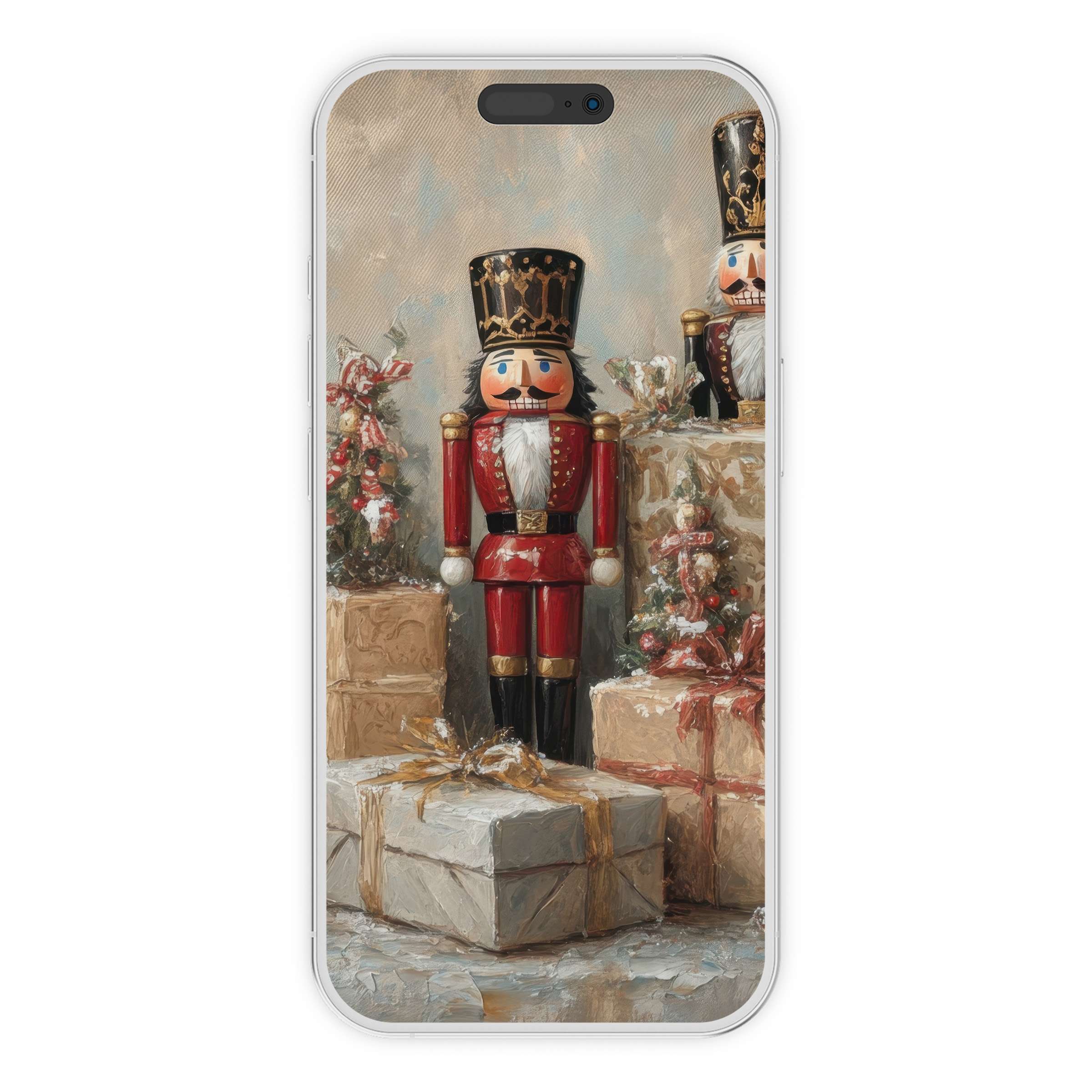 Elegant Christmas iPhone wallpaper featuring nutcracker art, providing a soothing phone background for a digital download suitable for all devices