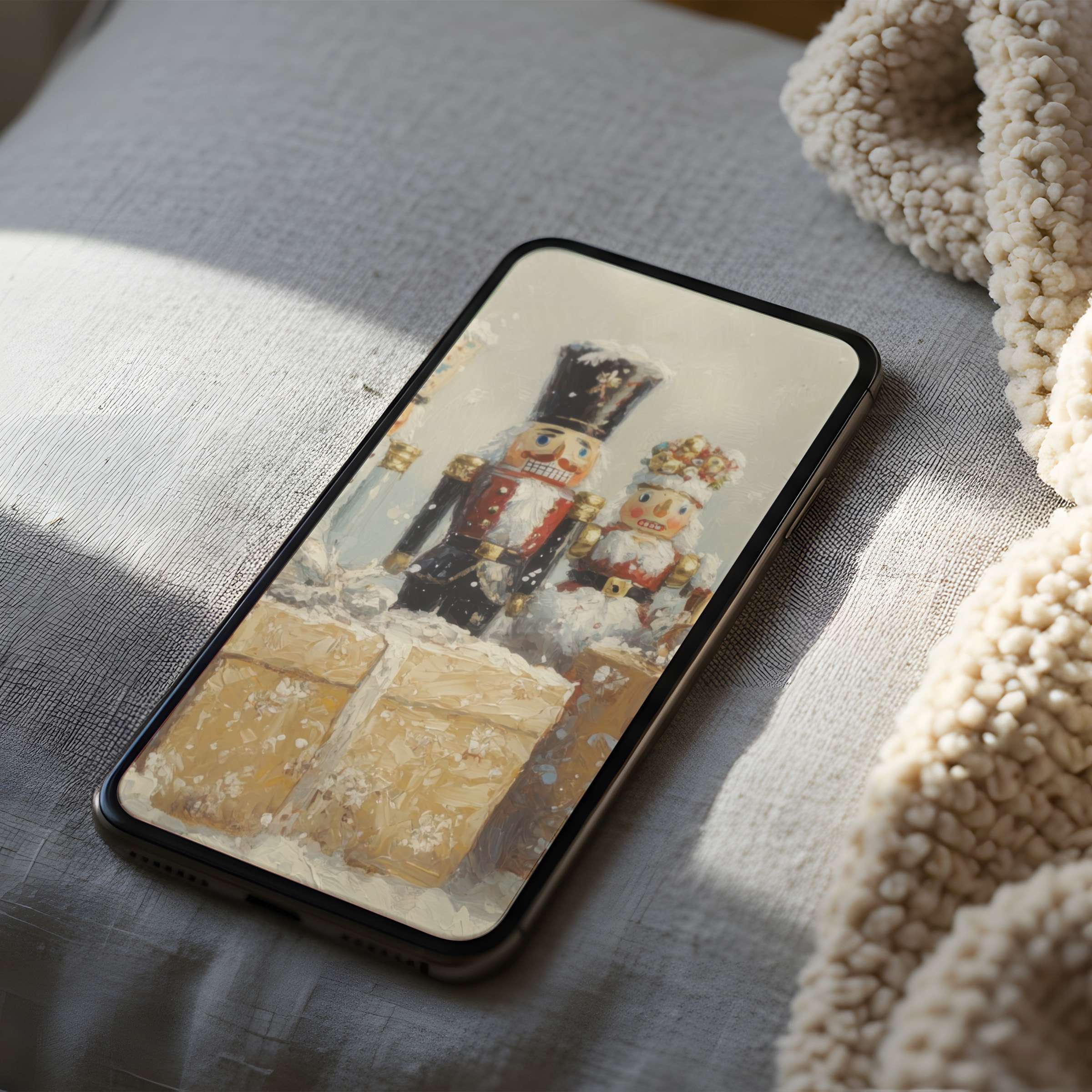 Elegant phone wallpaper with festive nutcracker motif, soothing tones perfect for iPhone or Android, offering calm digital refinement