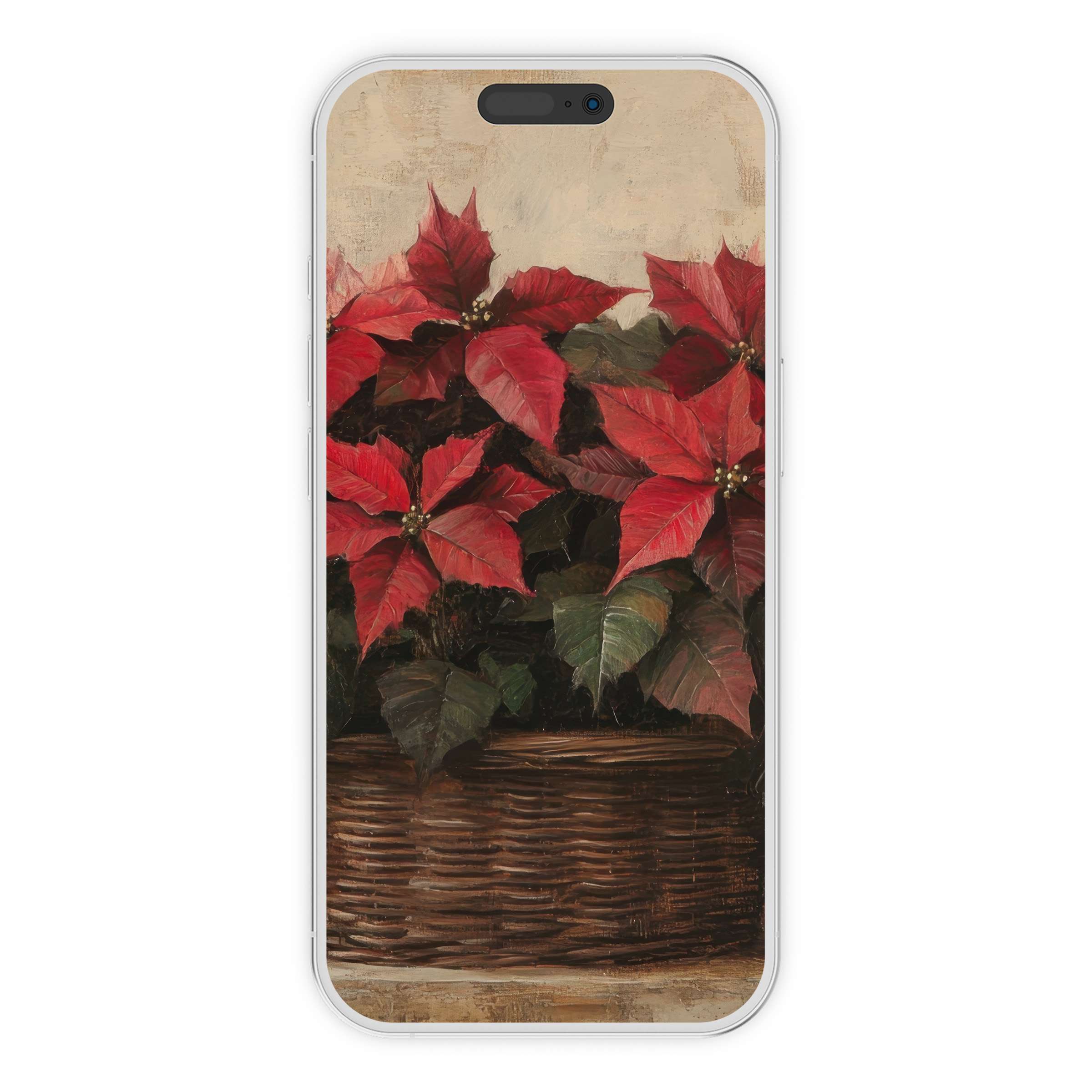 Elegant Christmas iPhone wallpaper with red poinsettias in a wicker basket, offering a serene phone background digital download for all devices