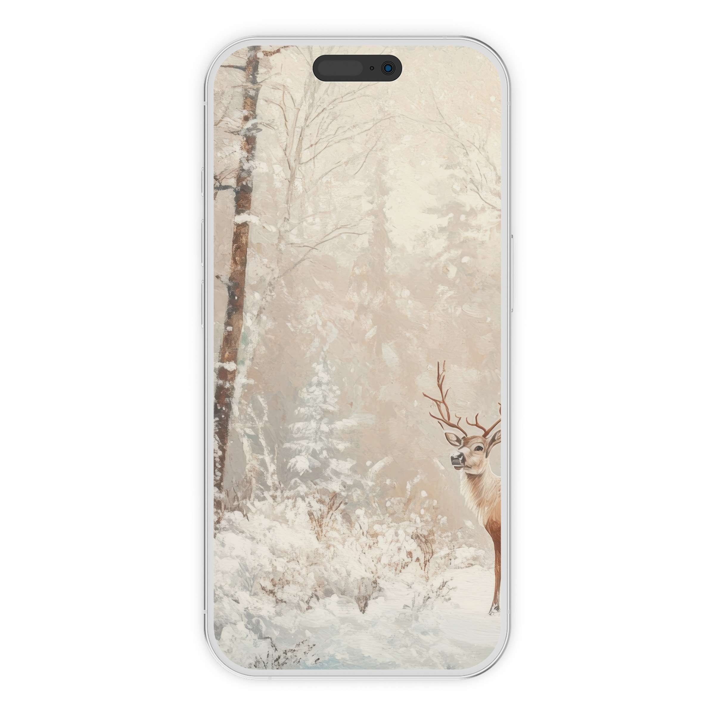 Elegant christmas iPhone wallpaper featuring a peaceful snowy forest with a majestic deer, perfect phone background digital download