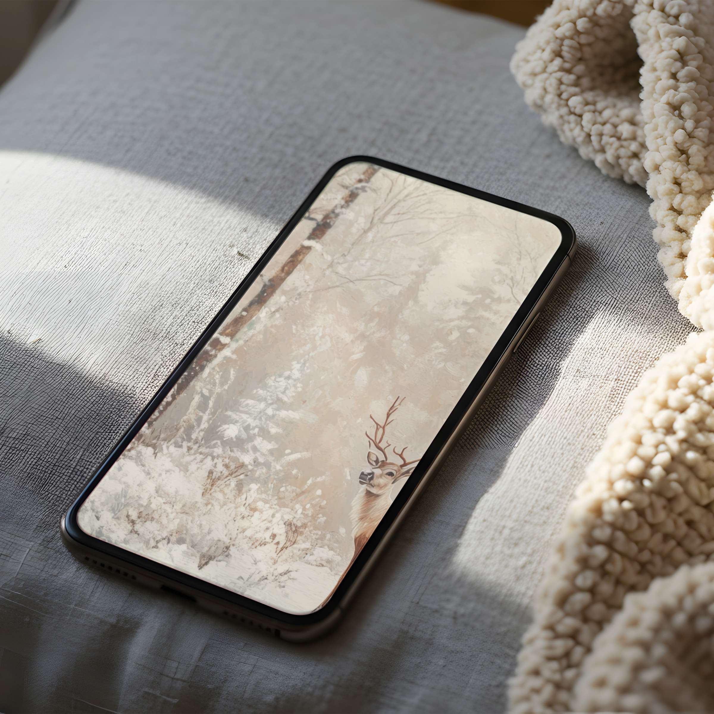 Elegant forest-themed phone wallpaper with a serene deer motif, perfect for iPhone high-resolution displays and digital download