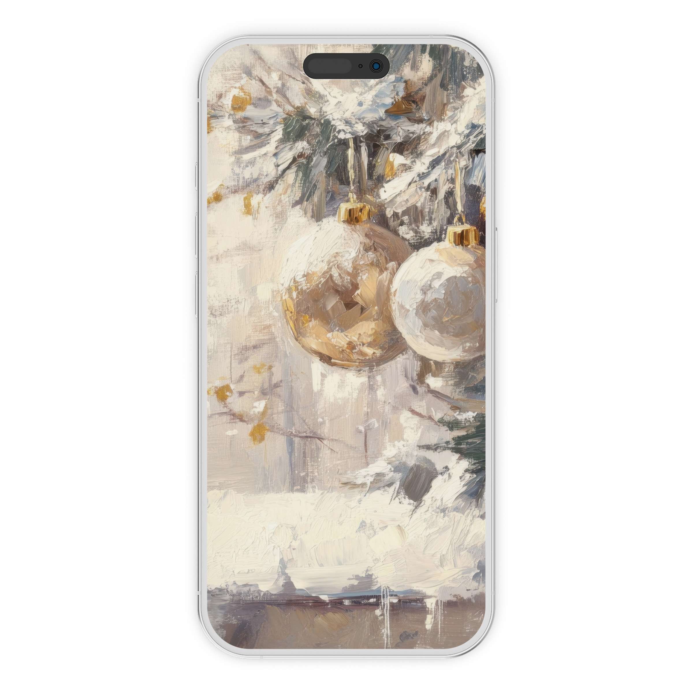 Elegant christmas iPhone wallpaper features textured gold ornaments on a snowy branch for a serene phone background digital download