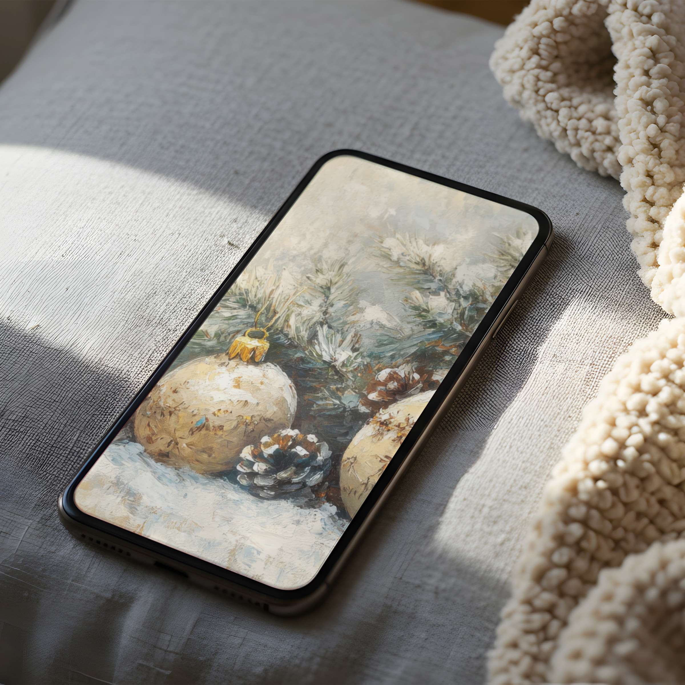 Calming winter-themed phone wallpaper with soft neutrals and pine motifs enhances any iPhone or Android in high resolution download