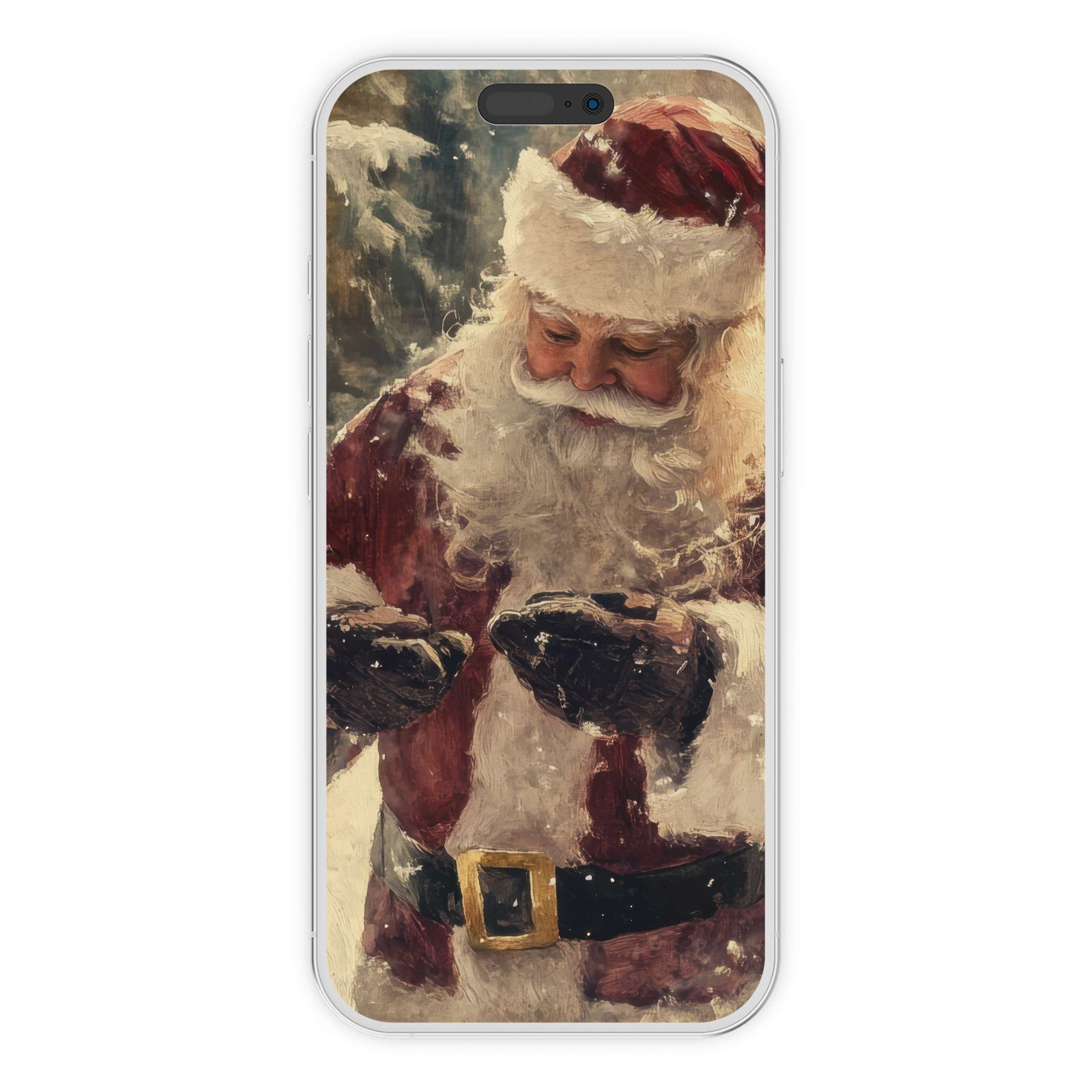 Cozy Christmas iPhone wallpaper with Santa painting, perfect digital download for festive phone background and holiday cheer