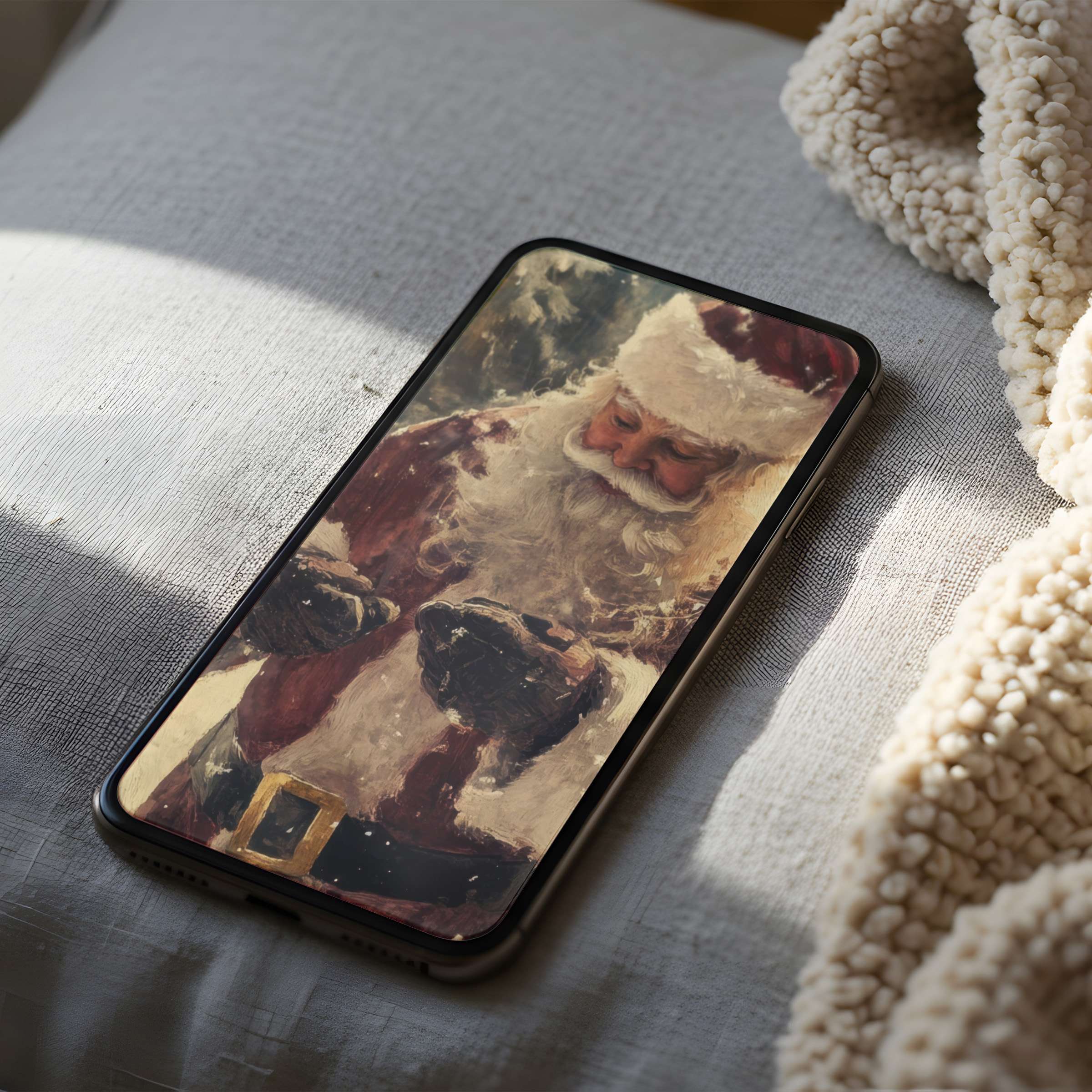 Elegant high-resolution Santa Claus phone wallpaper in warm tones on soft fabric setting ideal for iPhone and Android users