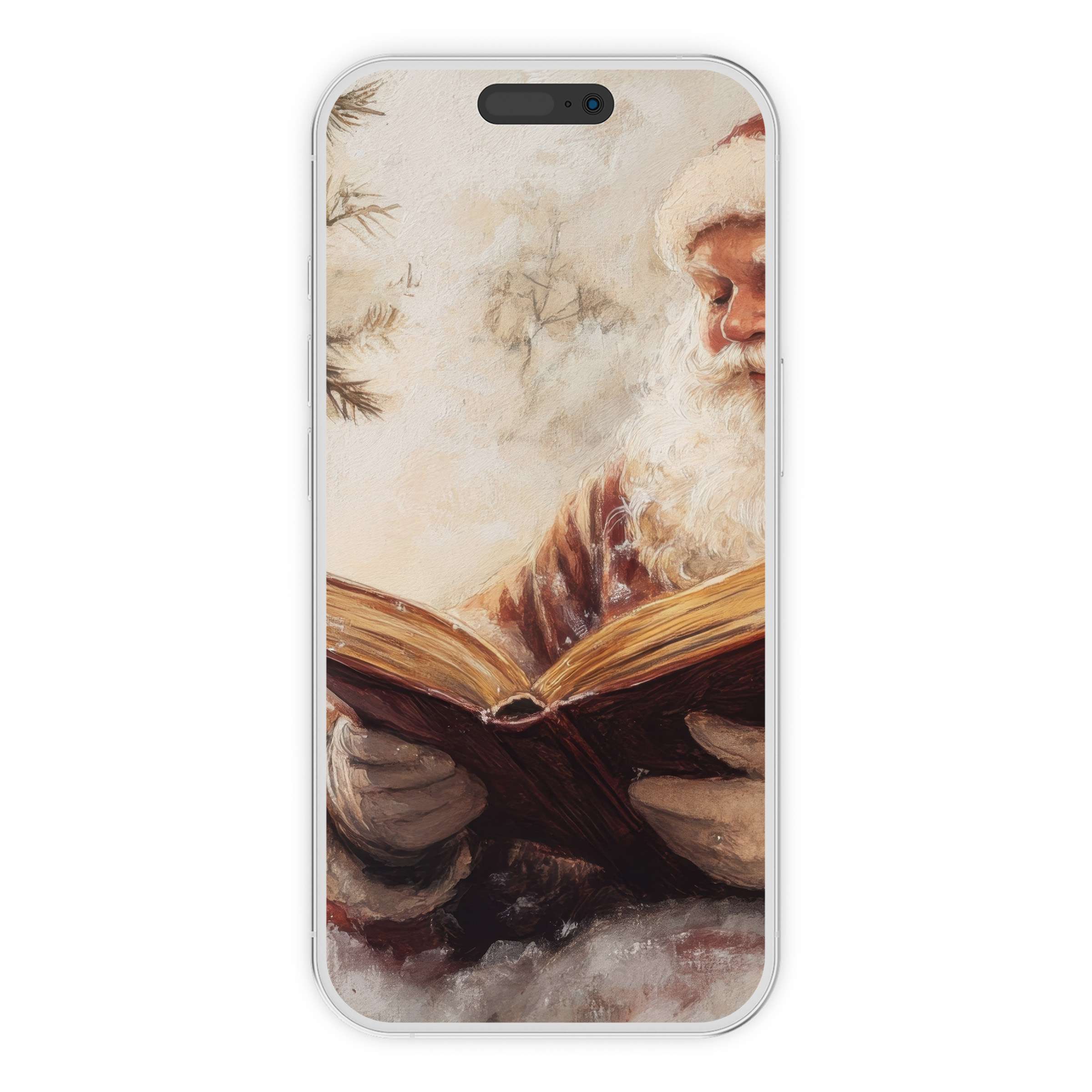 Vintage Santa reading in an artistic christmas iPhone wallpaper, ideal phone background for digital download, serene and festive