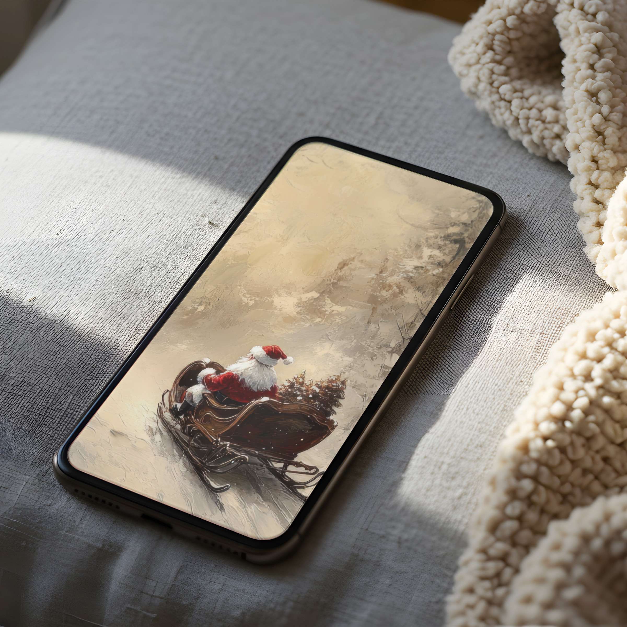 Elegant phone wallpaper showcasing a cozy Santa motif in soft neutral tones suitable for iPhone and Android digital download