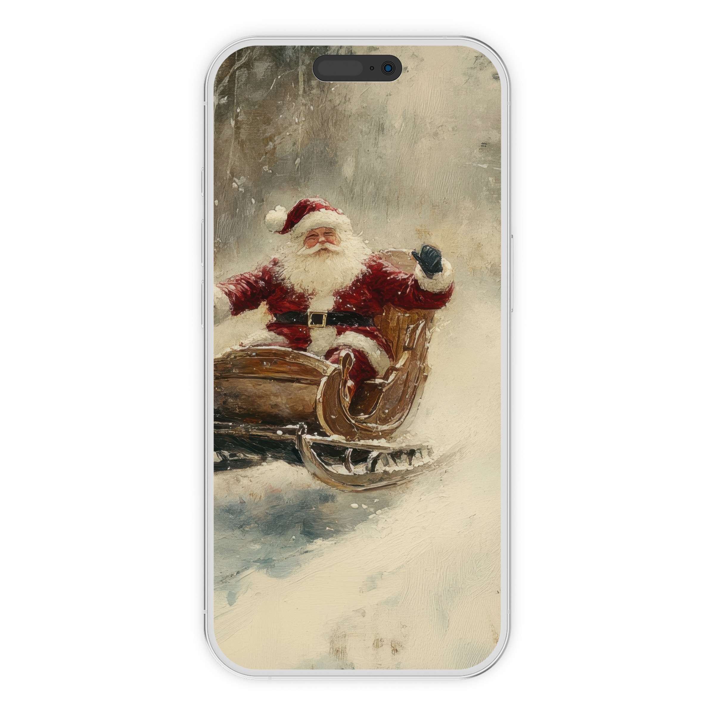 Christmas iPhone wallpaper featuring Santa in a vintage sleigh on a snowy day, ideal digital download for phone backgrounds