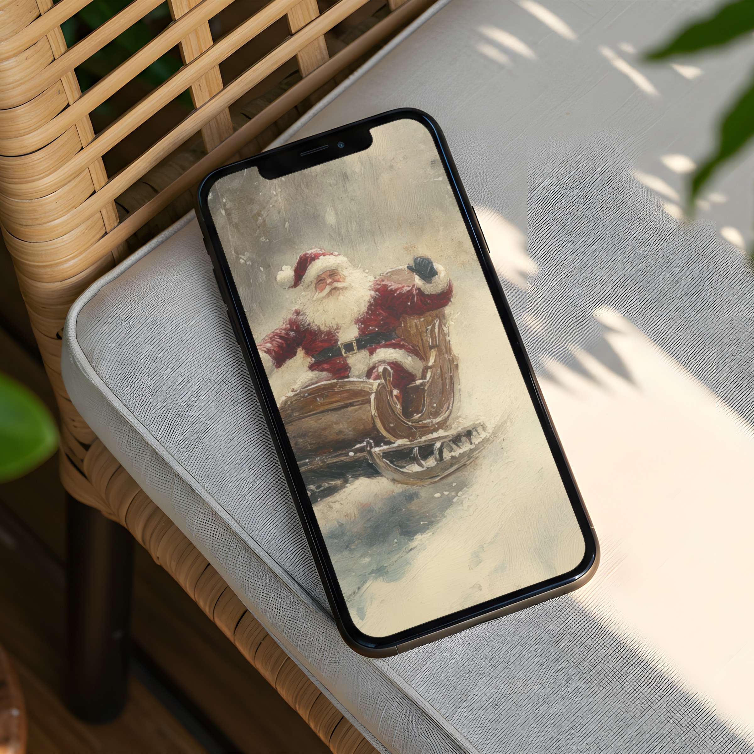 Serene iPhone background of Santa in a snowy sleigh ride offers instant download for both phone types inspiring calm and elegance