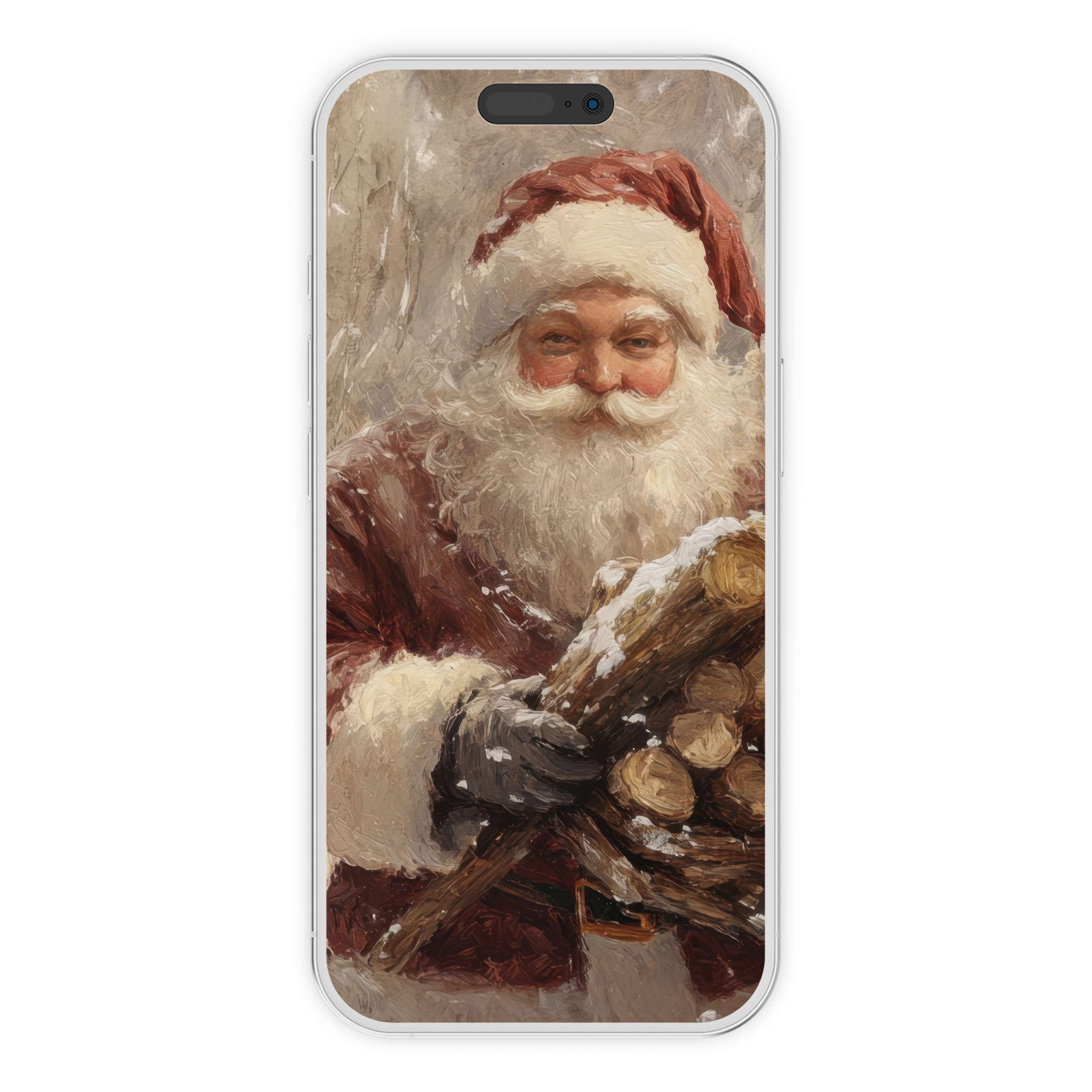 Cozy Christmas iPhone wallpaper with a classic Santa, ideal as a digital download for festive phone background art