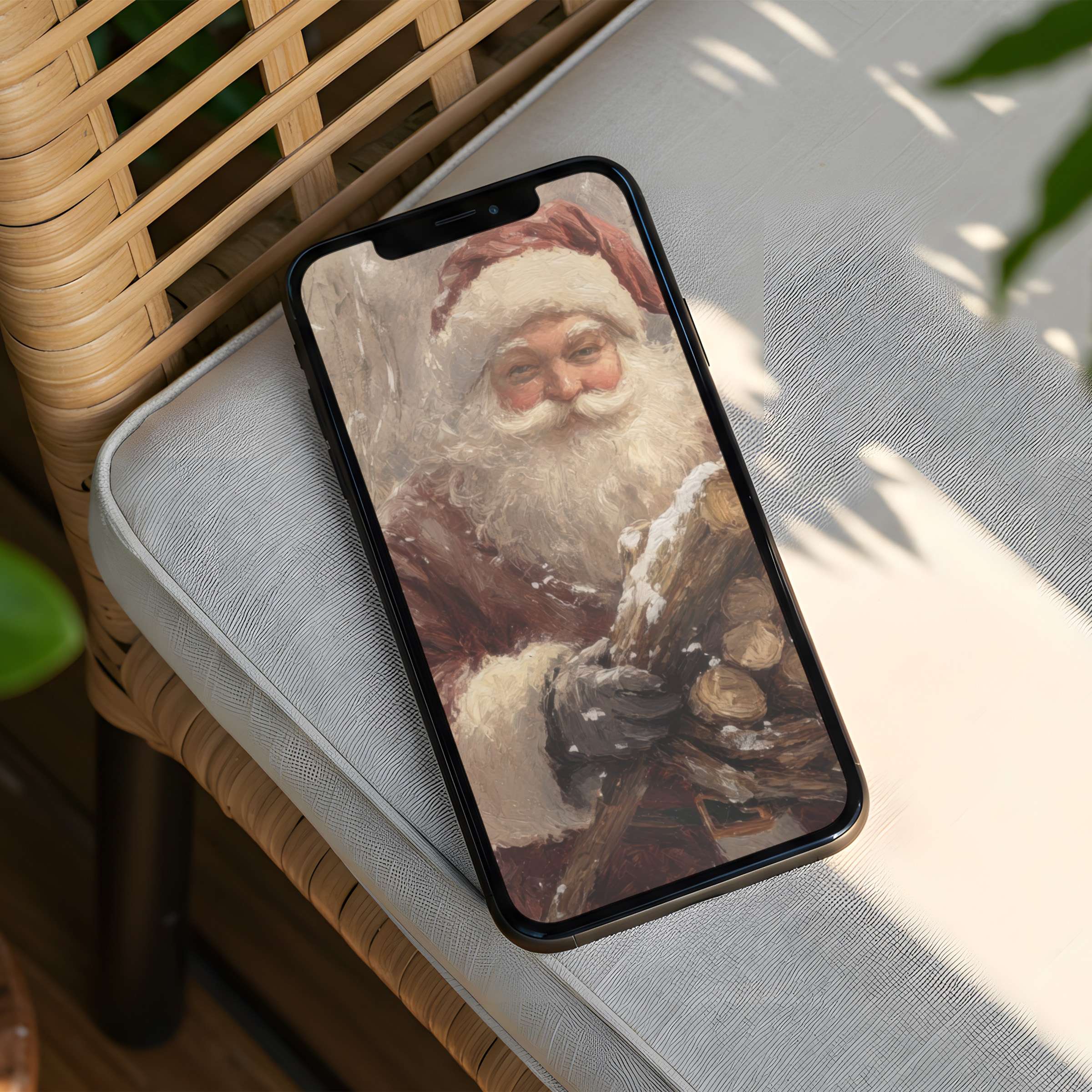 Warm, vintage Santa painting evokes cozy holiday charm as an elegant iPhone background perfect for phone screens instant download