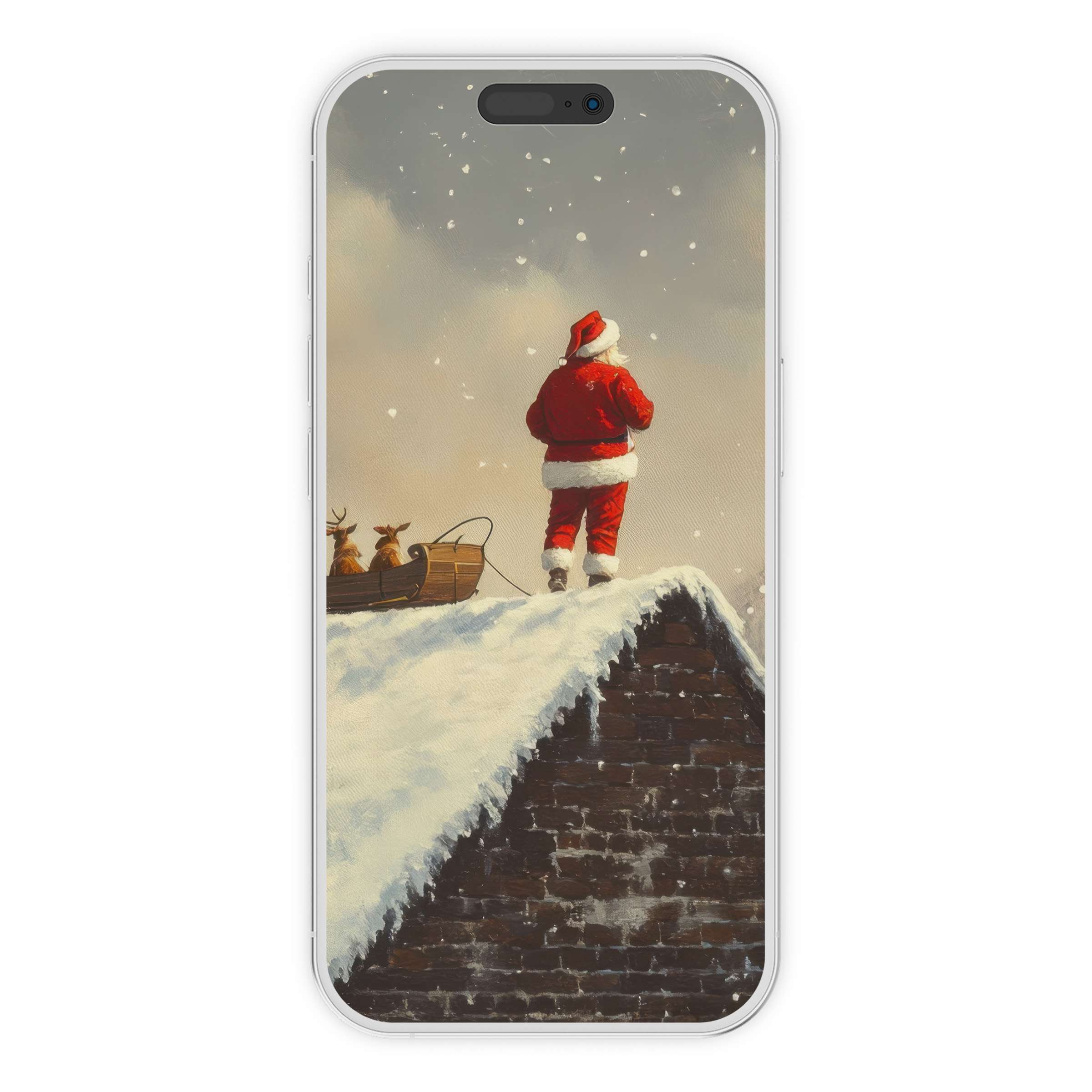 Snowy rooftop scene with Santa and sleigh evokes holiday magic in this christmas iPhone wallpaper digital download background for phone