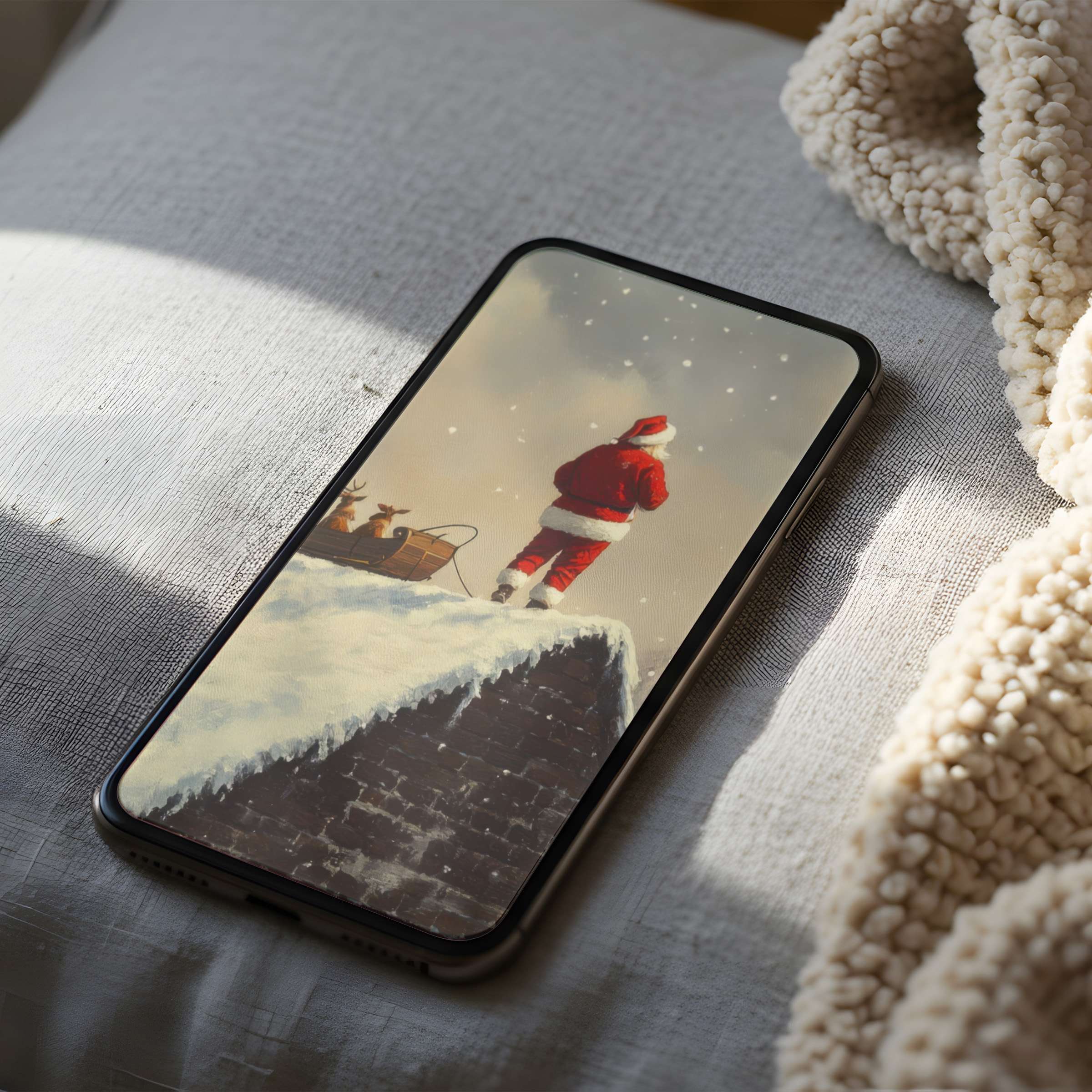Elegant phone wallpaper featuring Santa on a snowy roof in high resolution, perfect for iPhone and Android digital download