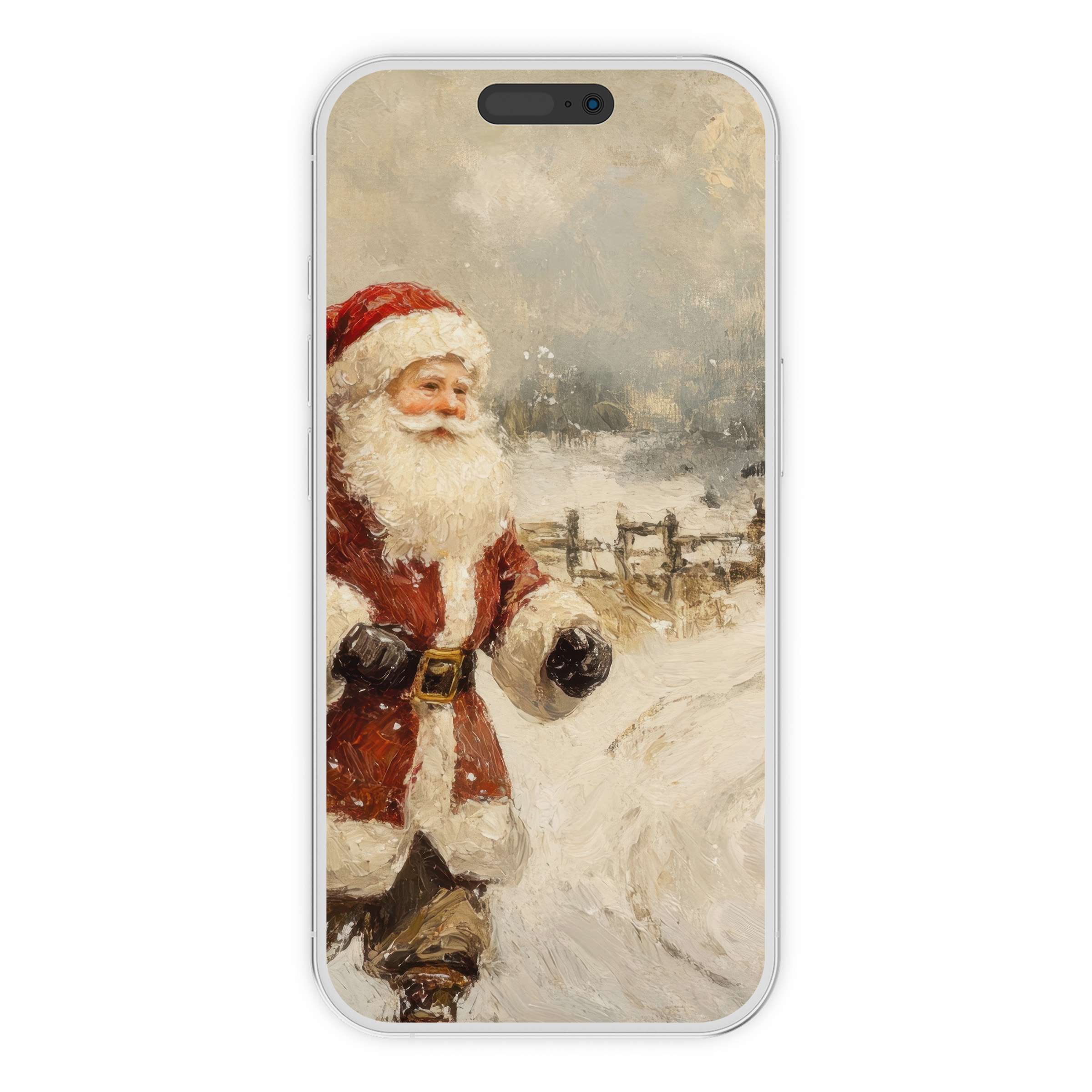 Vintage Santa in snowy landscape, this Christmas iPhone wallpaper offers a serene phone background digital download suitable for all devices