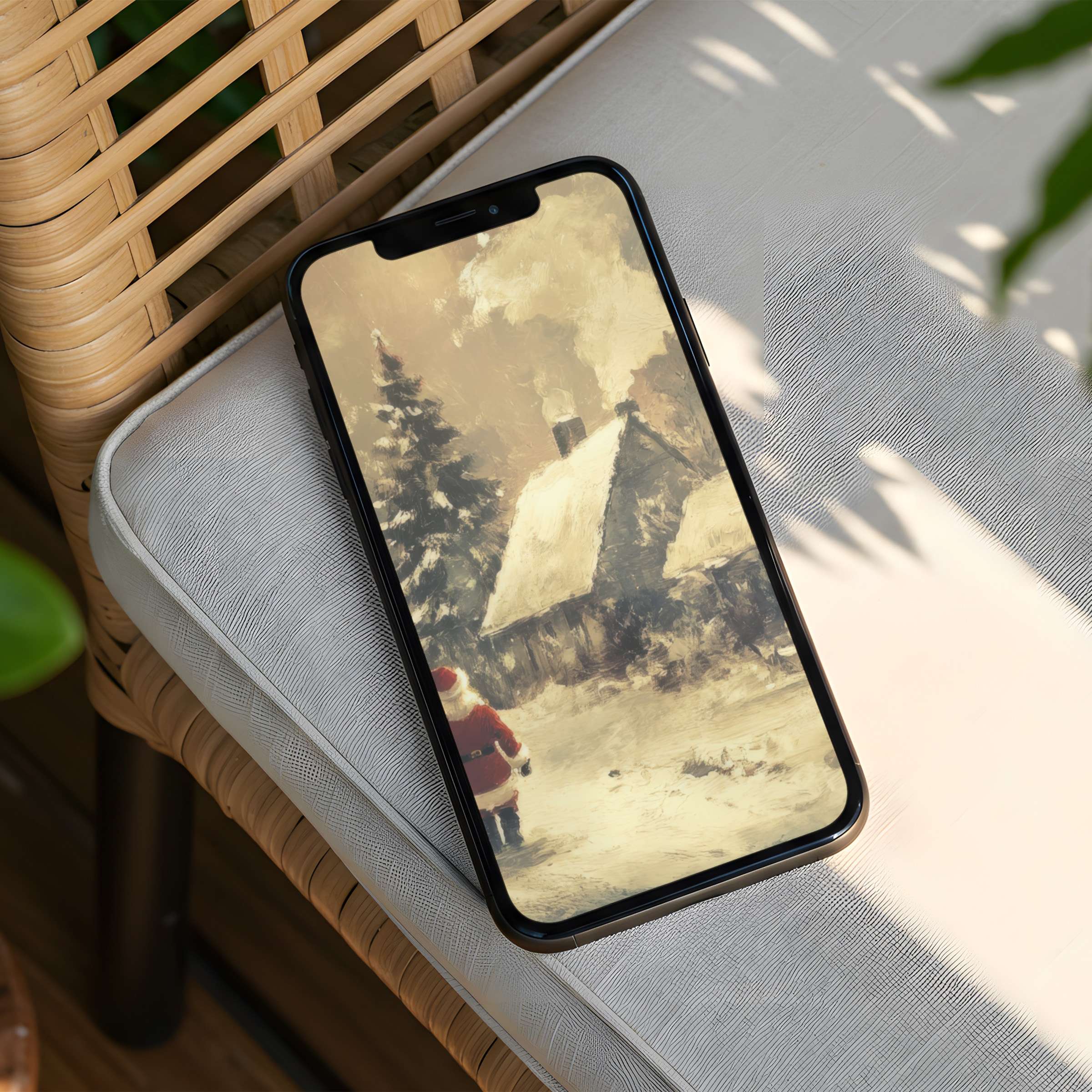 Elegant iPhone background featuring a serene winter scene with snow-covered cabin and Santa suitable for instant download on any phone