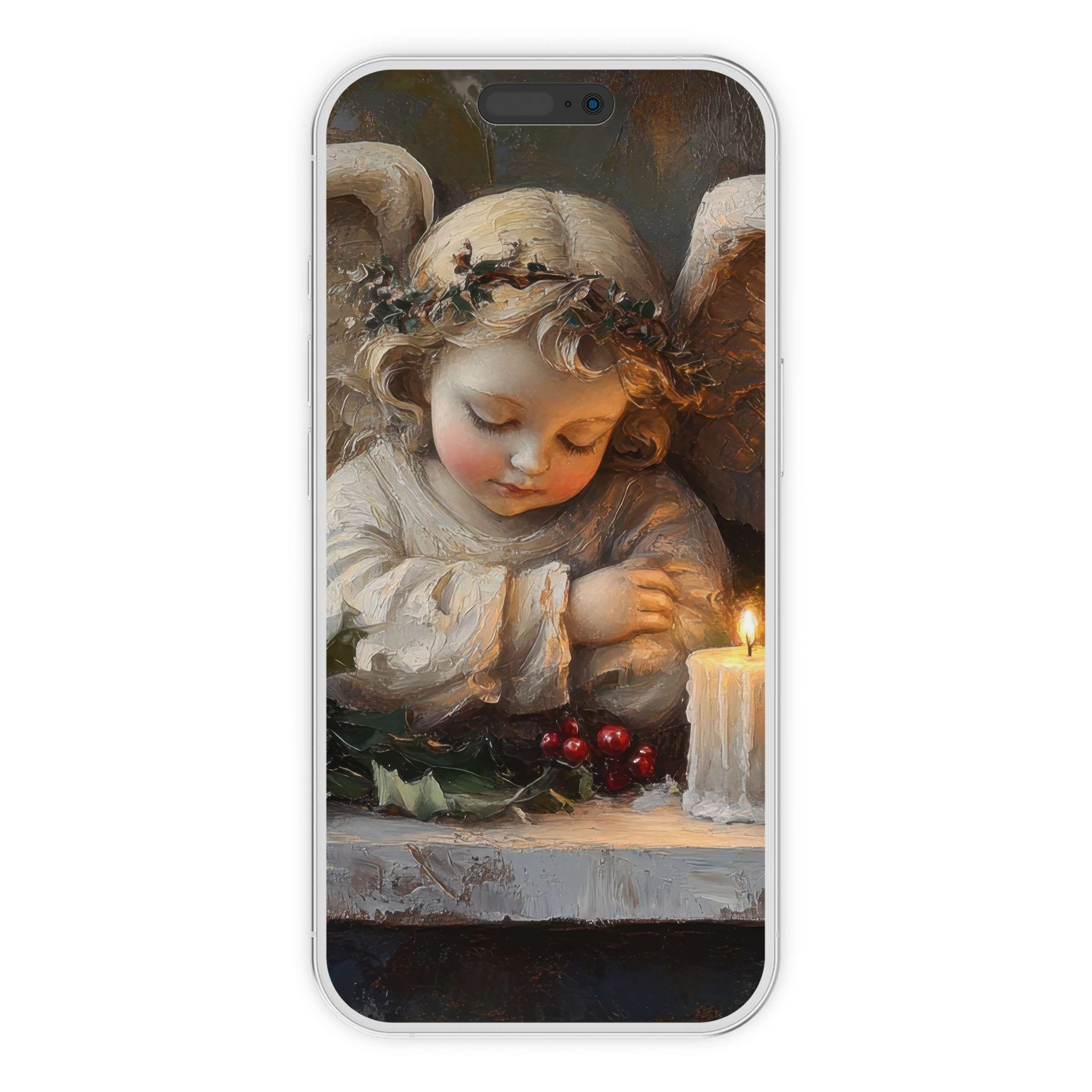 Calm and serene, this Christmas iPhone wallpaper adds warm elegance to your phone background with a digital download angelic charm