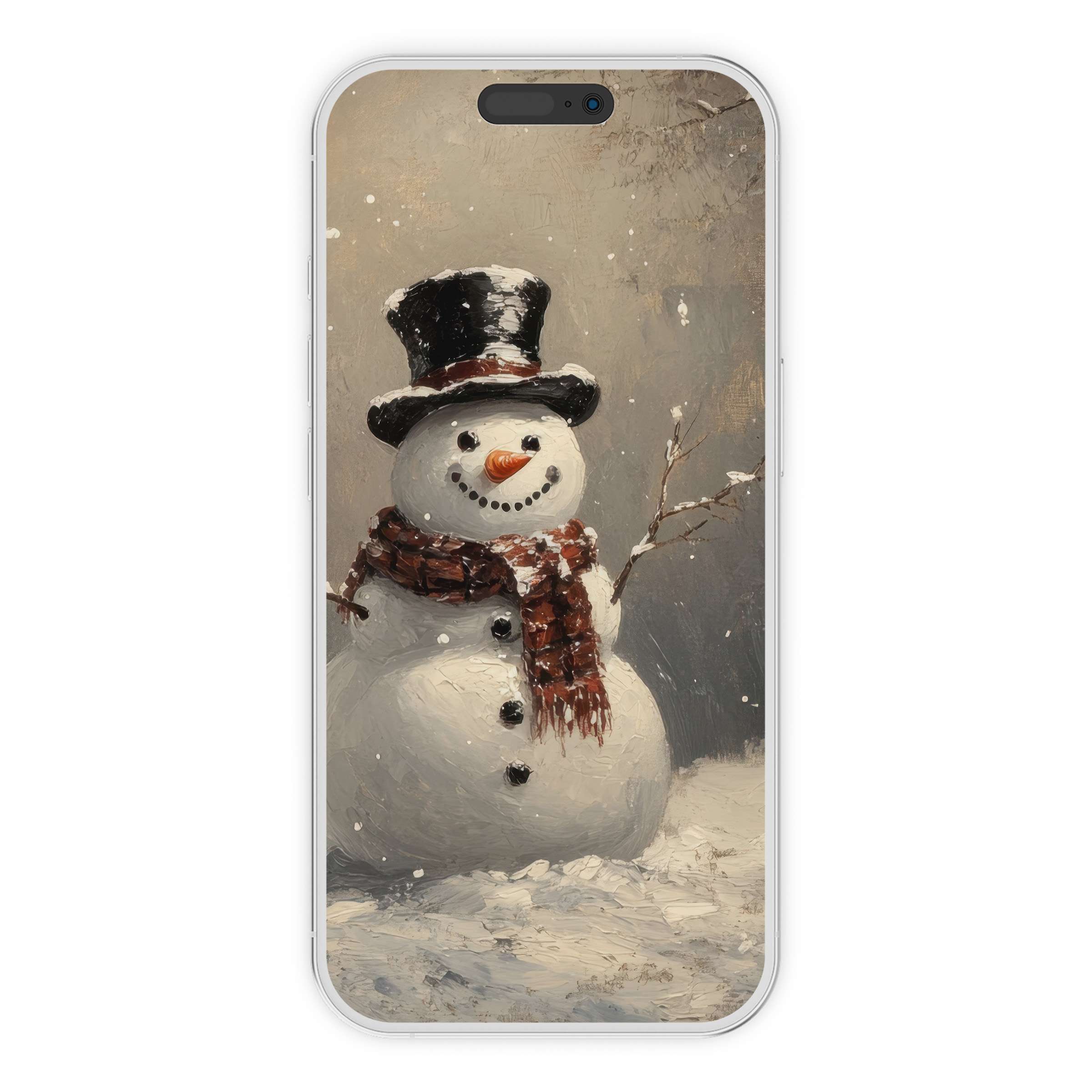 Elegant christmas iPhone wallpaper with a painted snowman in a serene snowy background digital download for phone aesthetics