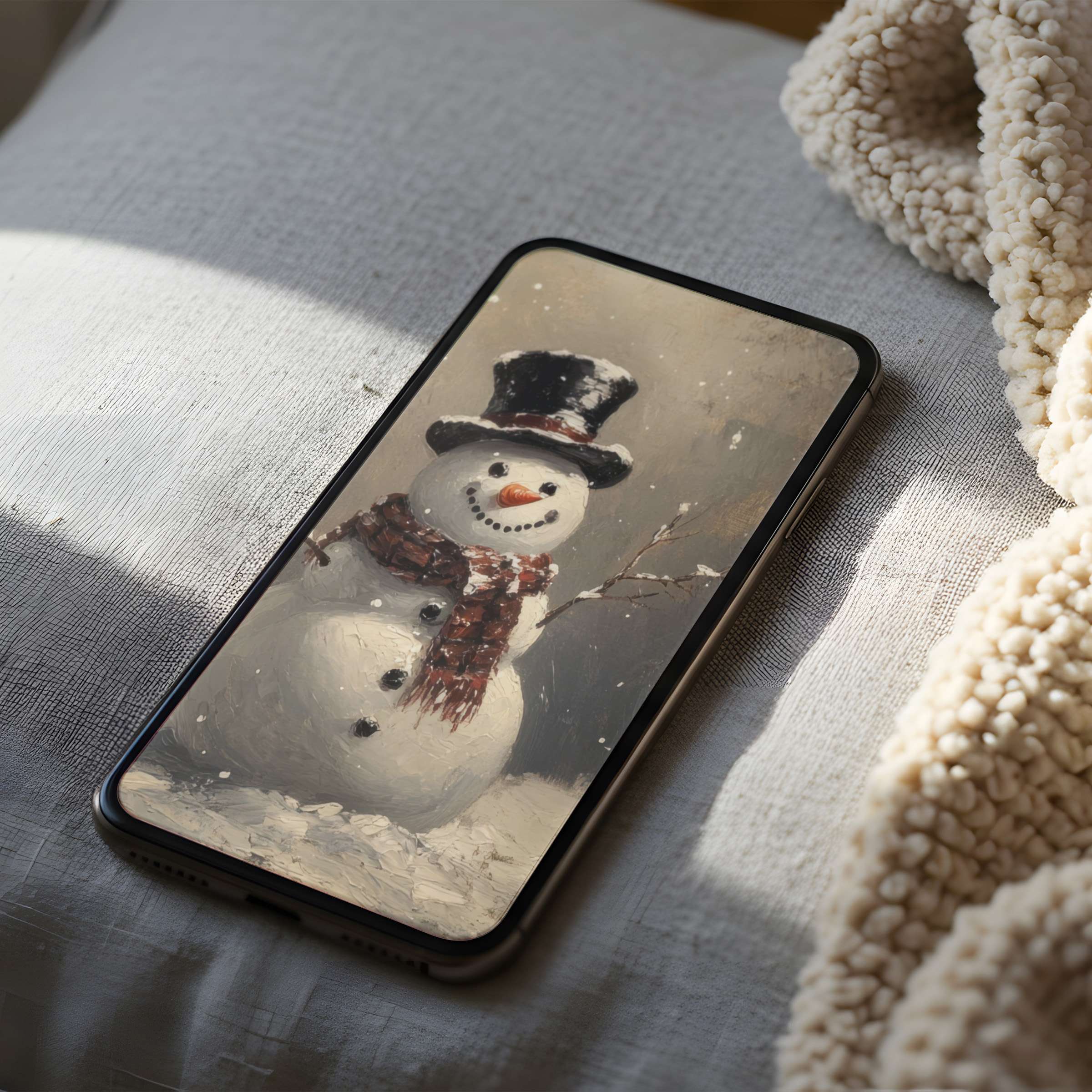Snowman phone wallpaper in high resolution graces an iPhone, perfect for digital download, infusing spaces with winter charm