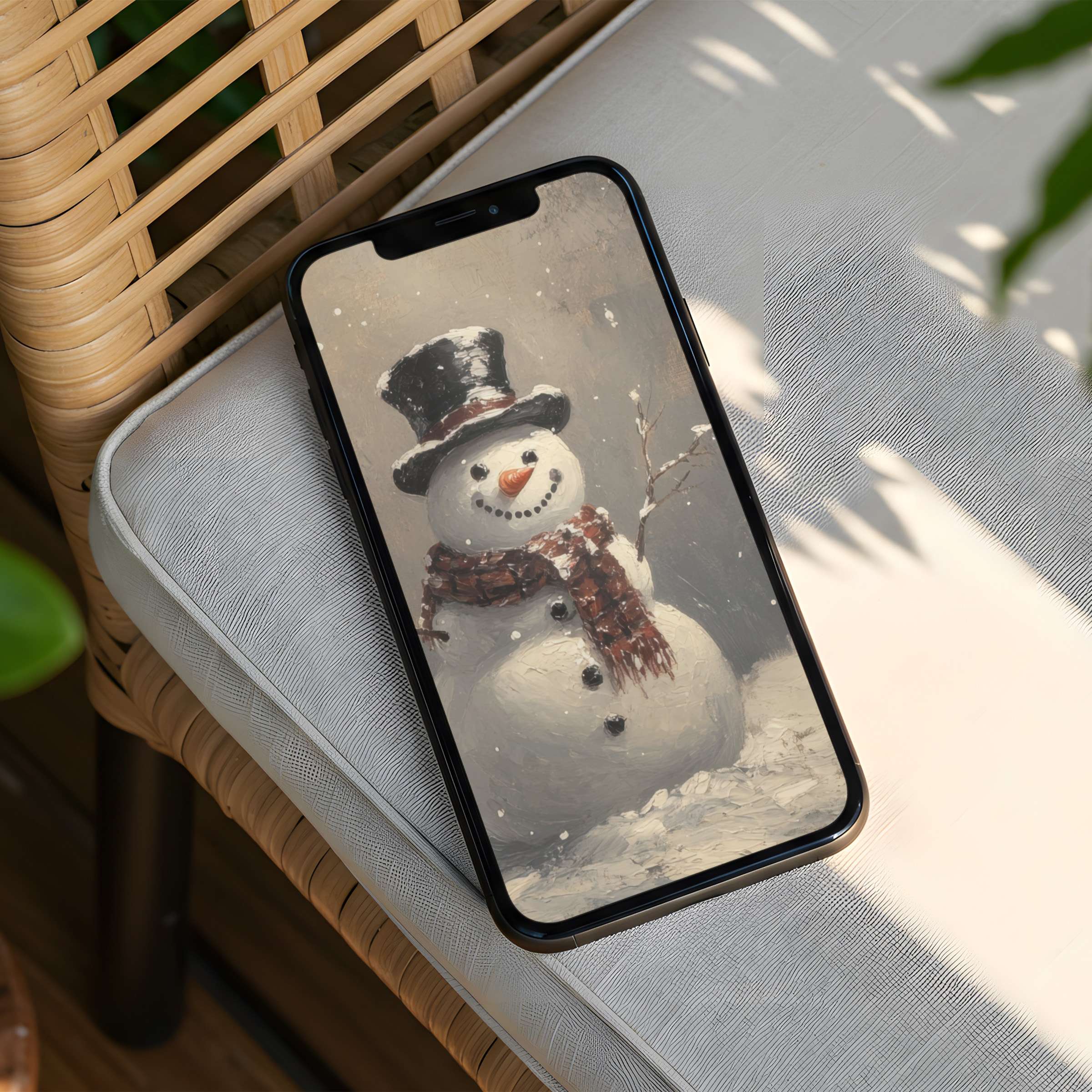 Charming snowman in serene tones brings elegance and calm to your phone as an iPhone background instant download
