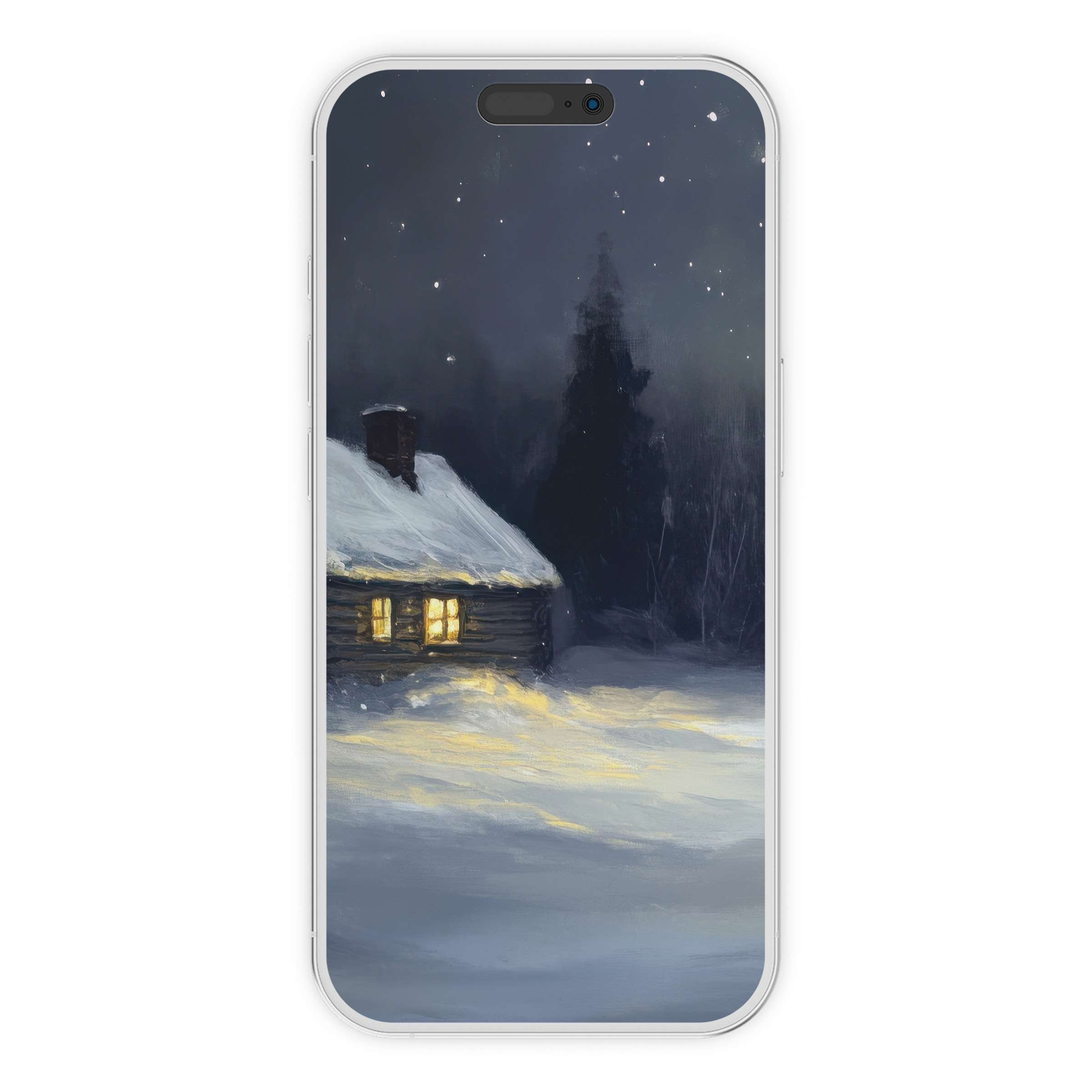 Cozy winter cabin scene with glowing lights in a snowy forest, perfect Christmas iPhone wallpaper for serene digital download phone background