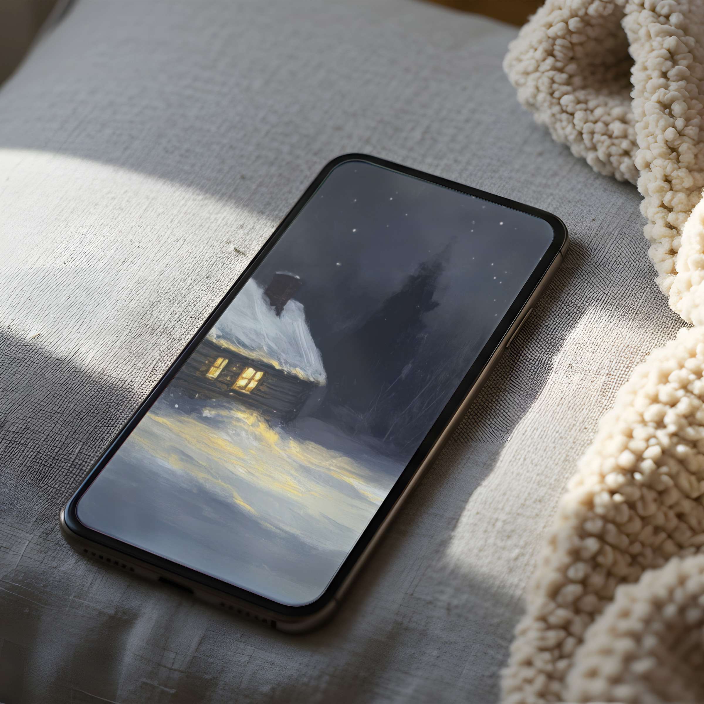 Cozy cabin in a snowy twilight landscape enhances your device with a serene phone wallpaper suitable for iPhone and Android phones