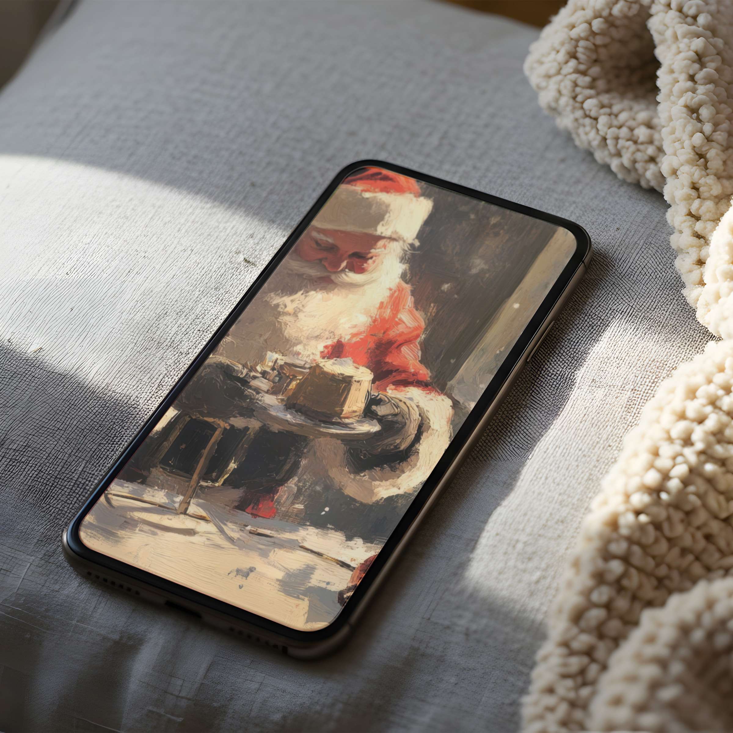 Charming Santa painting as a phone wallpaper offering festive warmth and joy suitable for iPhone and Android high-resolution screens
