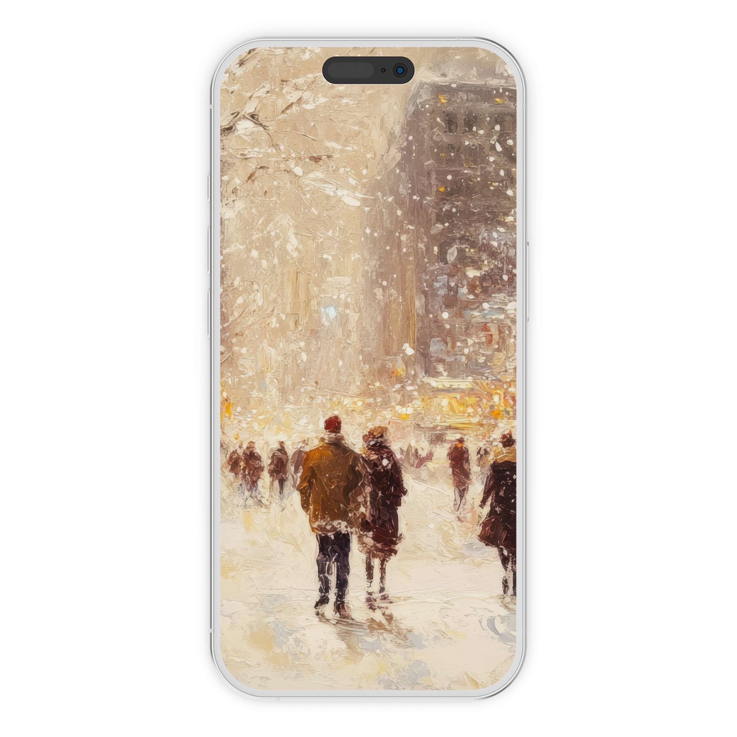 Elegant Christmas iPhone wallpaper featuring a serene snowy city scene, perfect digital download as a phone background for seasonal calm