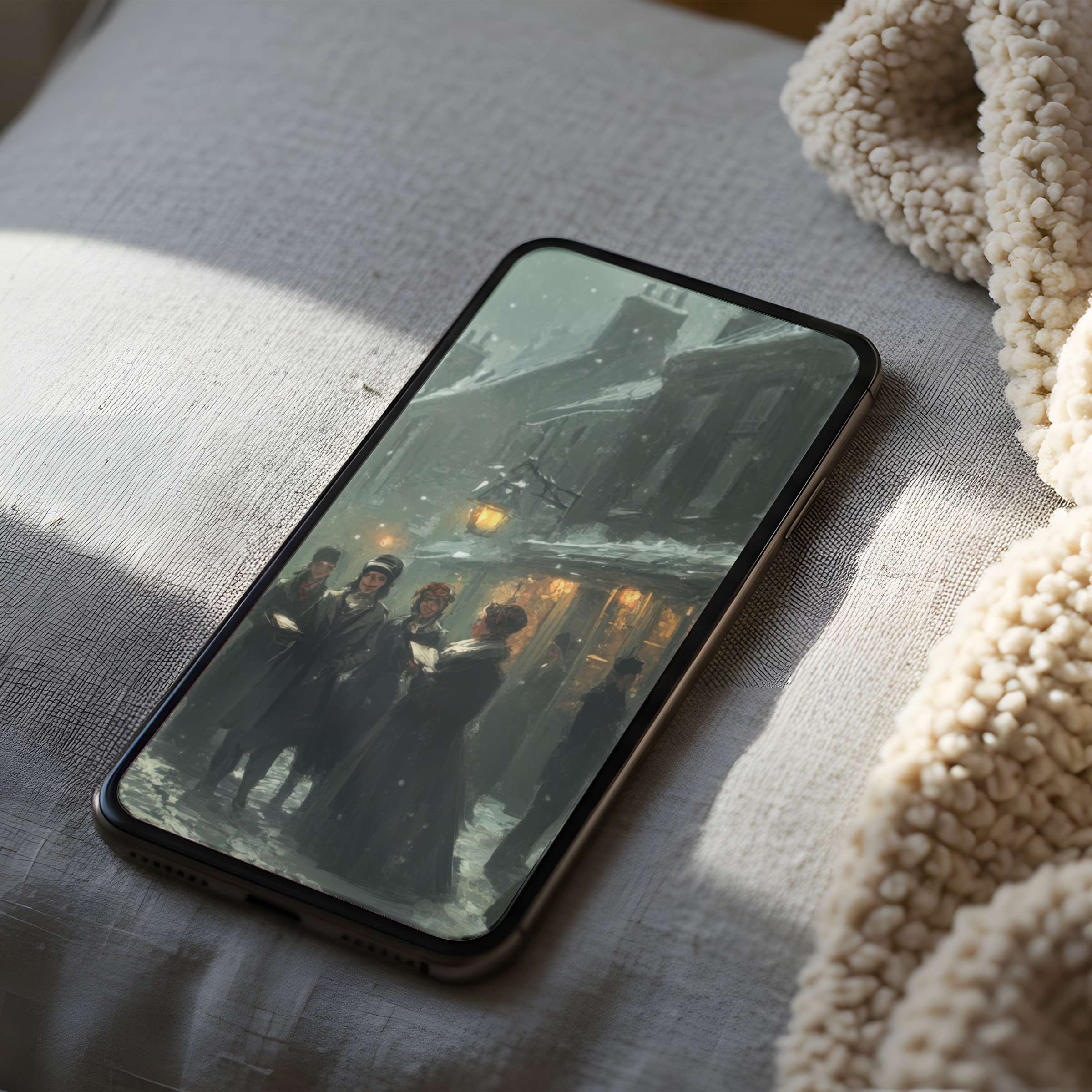 Elegant winter scene phone wallpaper showcases calm snowy streets and warm glowing lights, perfect for high resolution iPhone download
