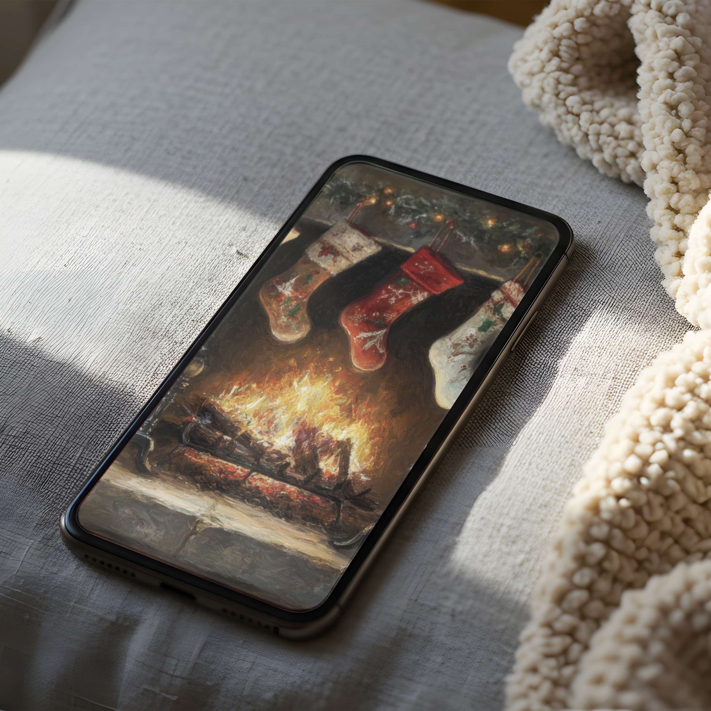 Warm Christmas hearth digital art phone wallpaper offers cozy elegance for iPhone or Android high resolution download
