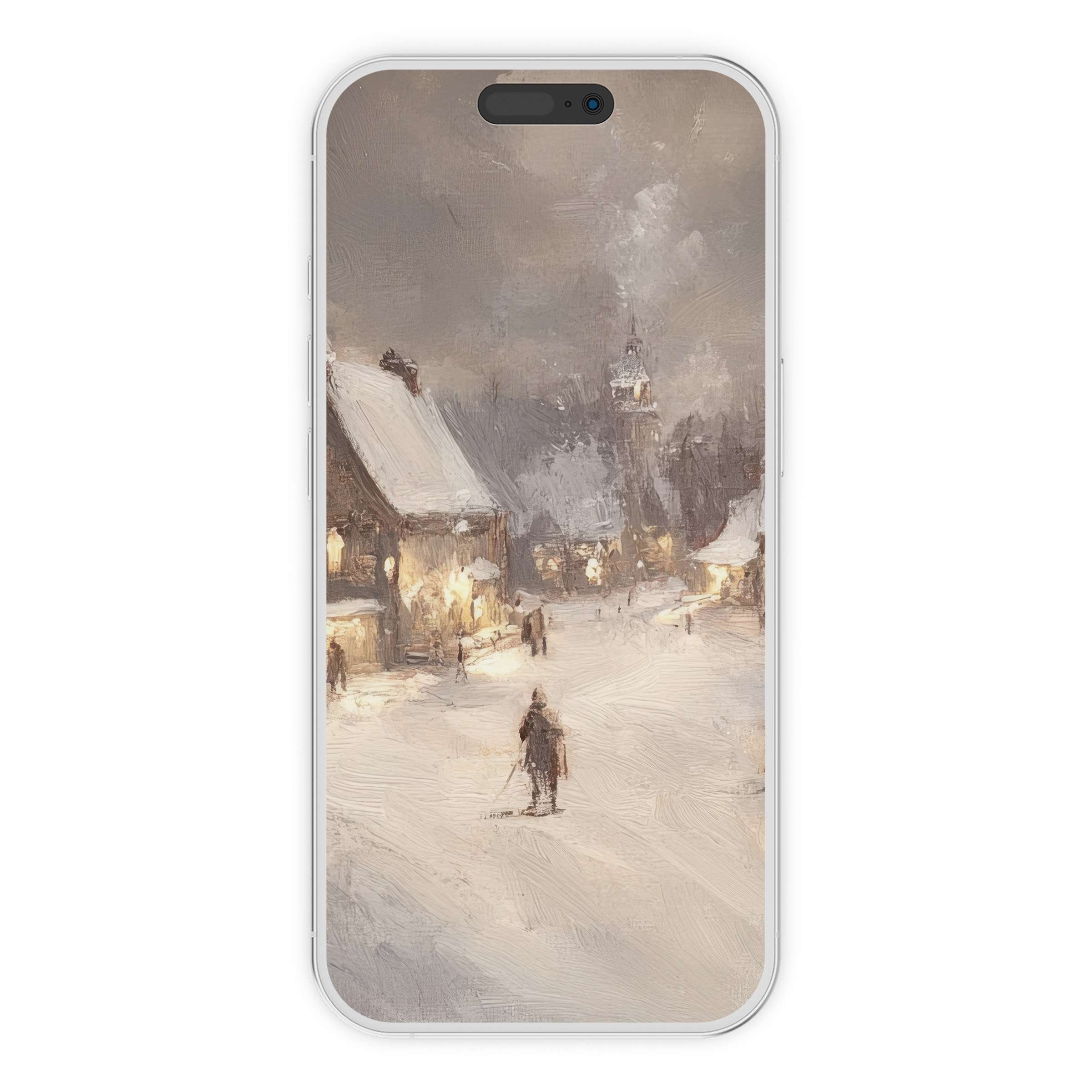 Elegant snow-covered village scene for christmas iPhone wallpaper, perfect phone background with serene digital download for Android
