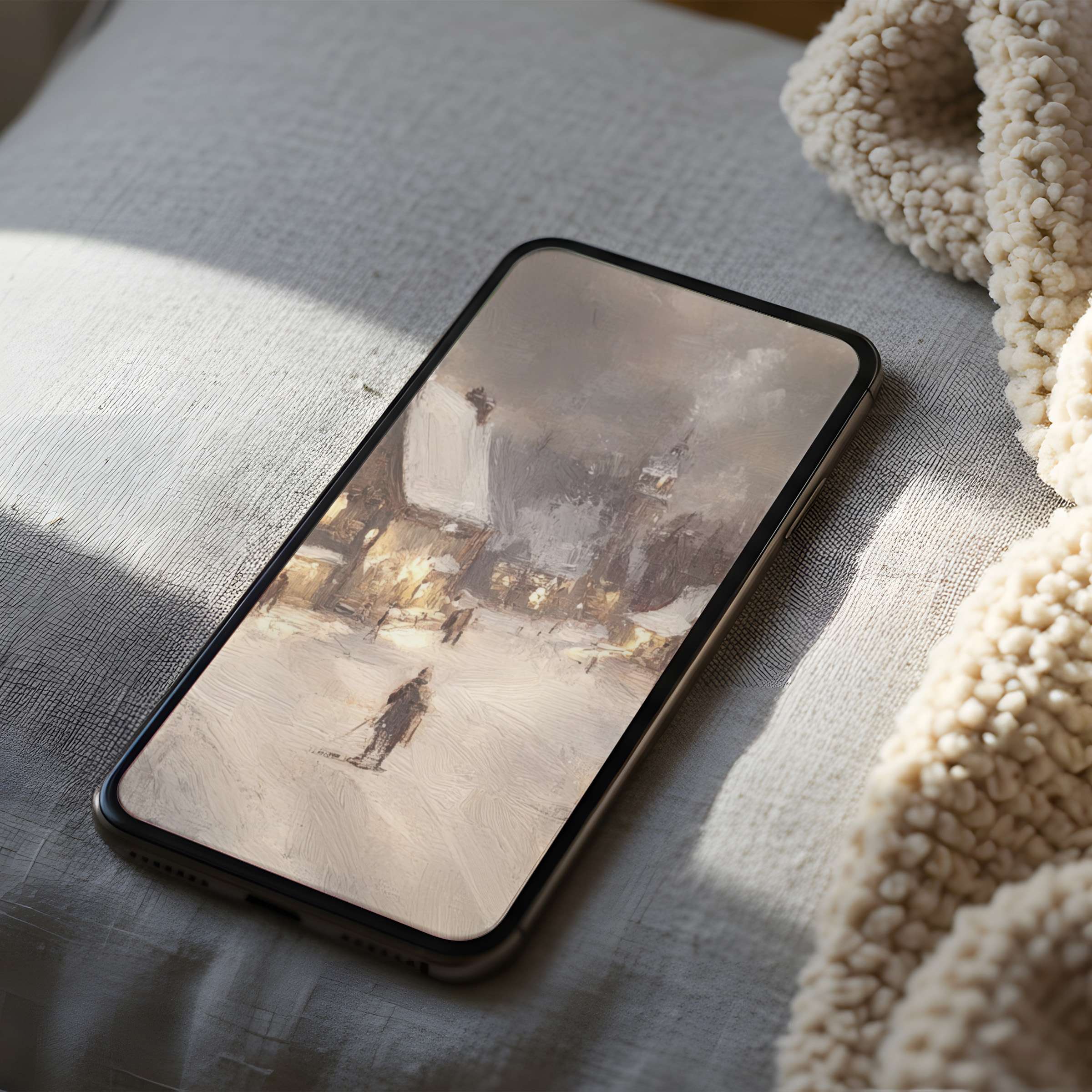 Elegant phone wallpaper featuring a high-resolution winter village scene on an iPhone, perfect for calm, aesthetic digital downloads