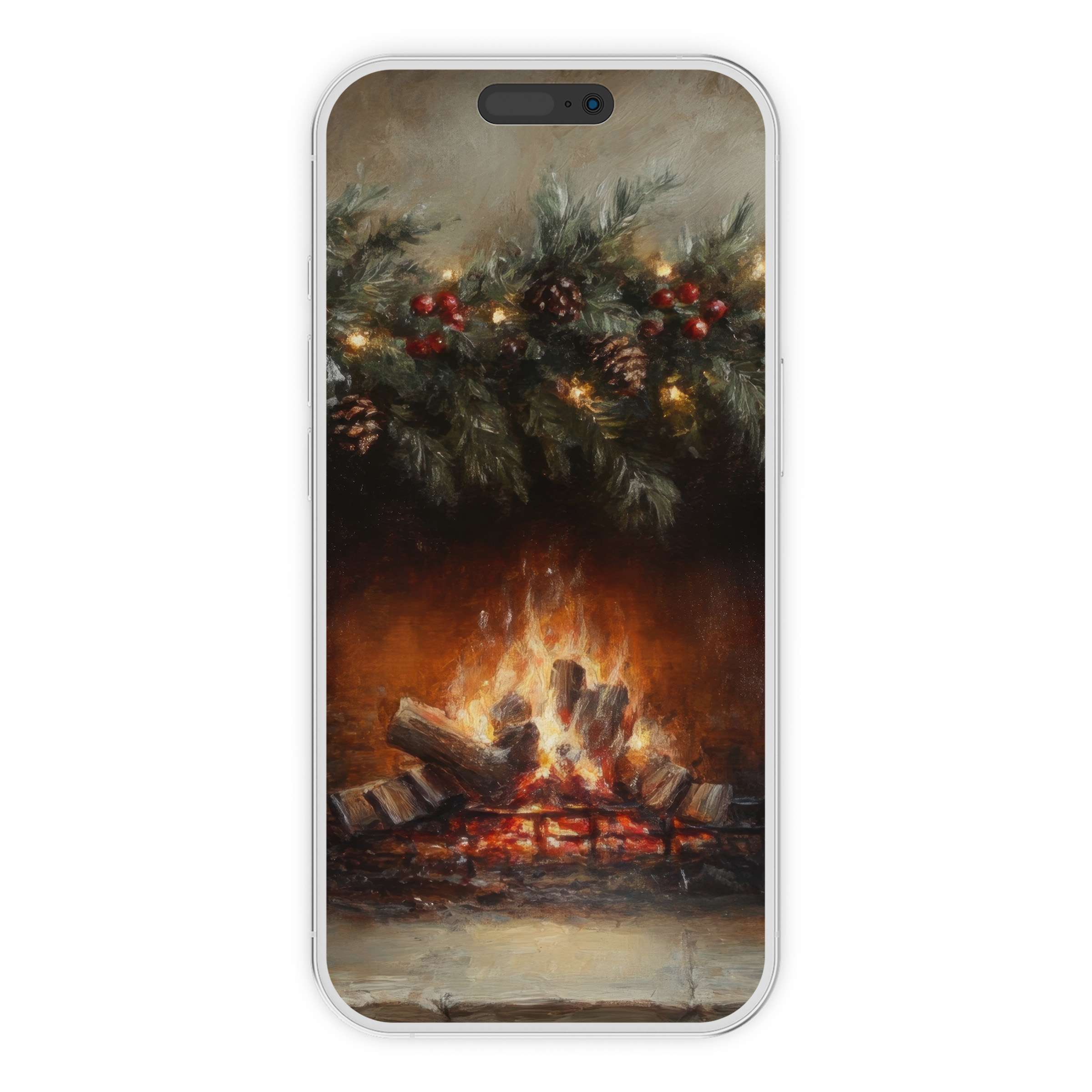 Warm festive glow in digital art christmas iPhone wallpaper with cozy fire and pine garland background for phone elegance and calm