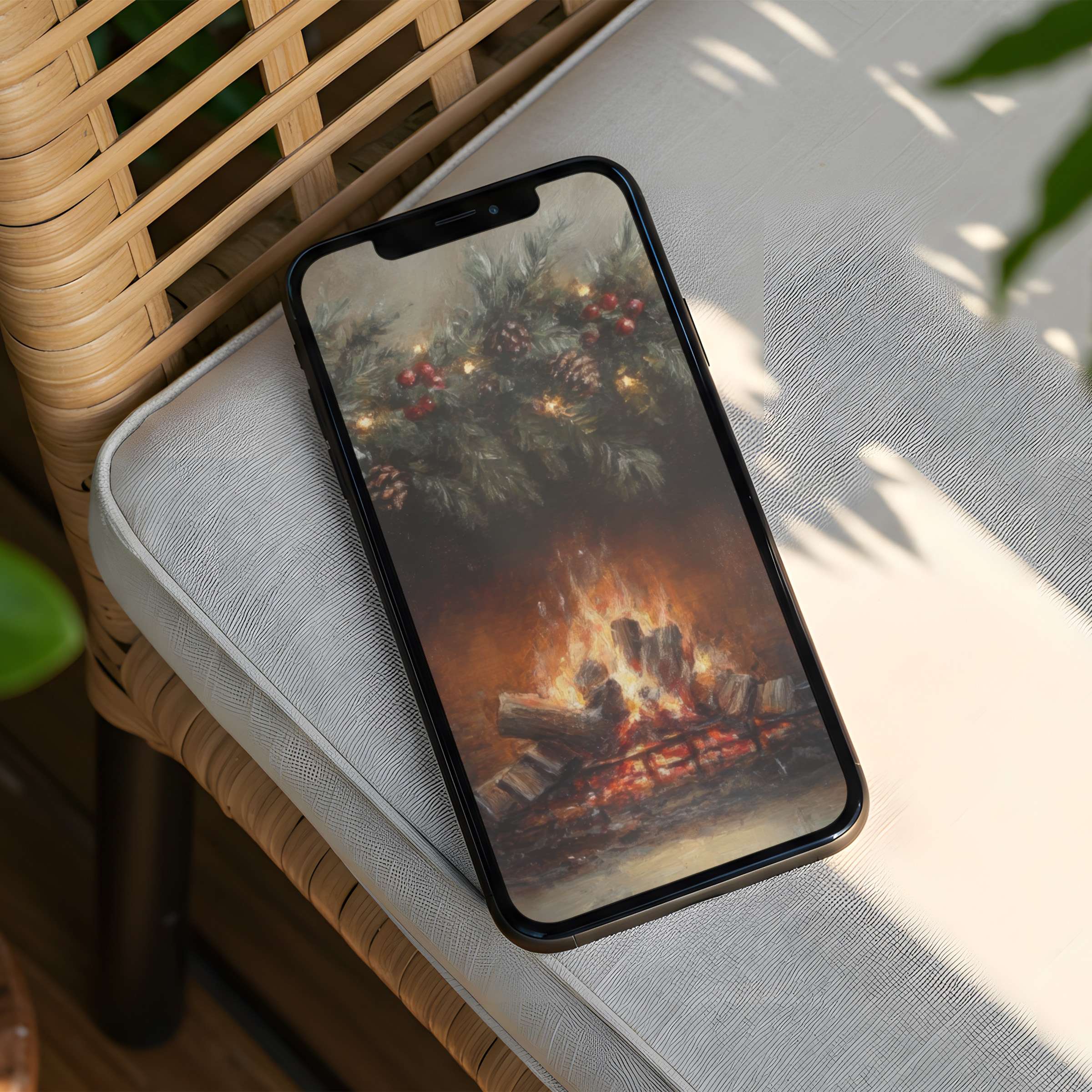 Cozy iPhone background featuring a warm fireplace under elegant holiday greenery offers instant download for a calming phone aesthetic