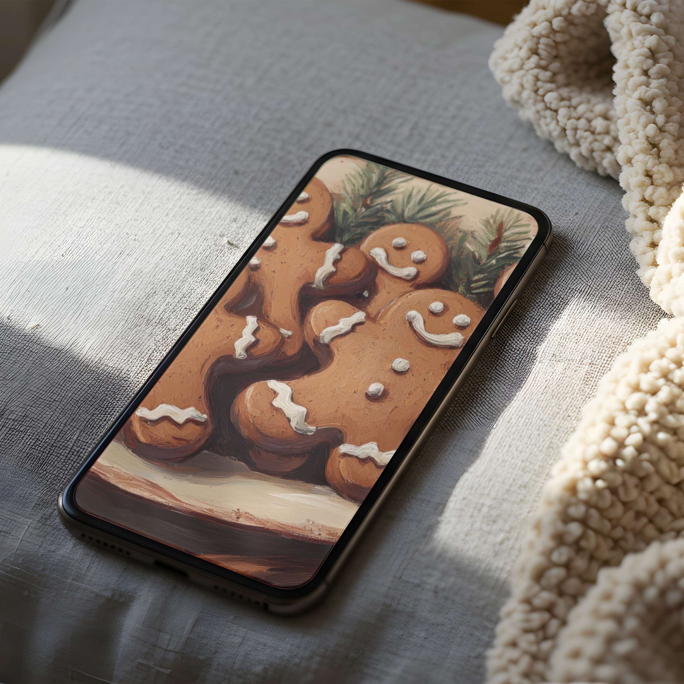 Gingerbread art phone wallpaper with warm doughy hues creates a cozy feel high resolution perfect for iPhone and Android download
