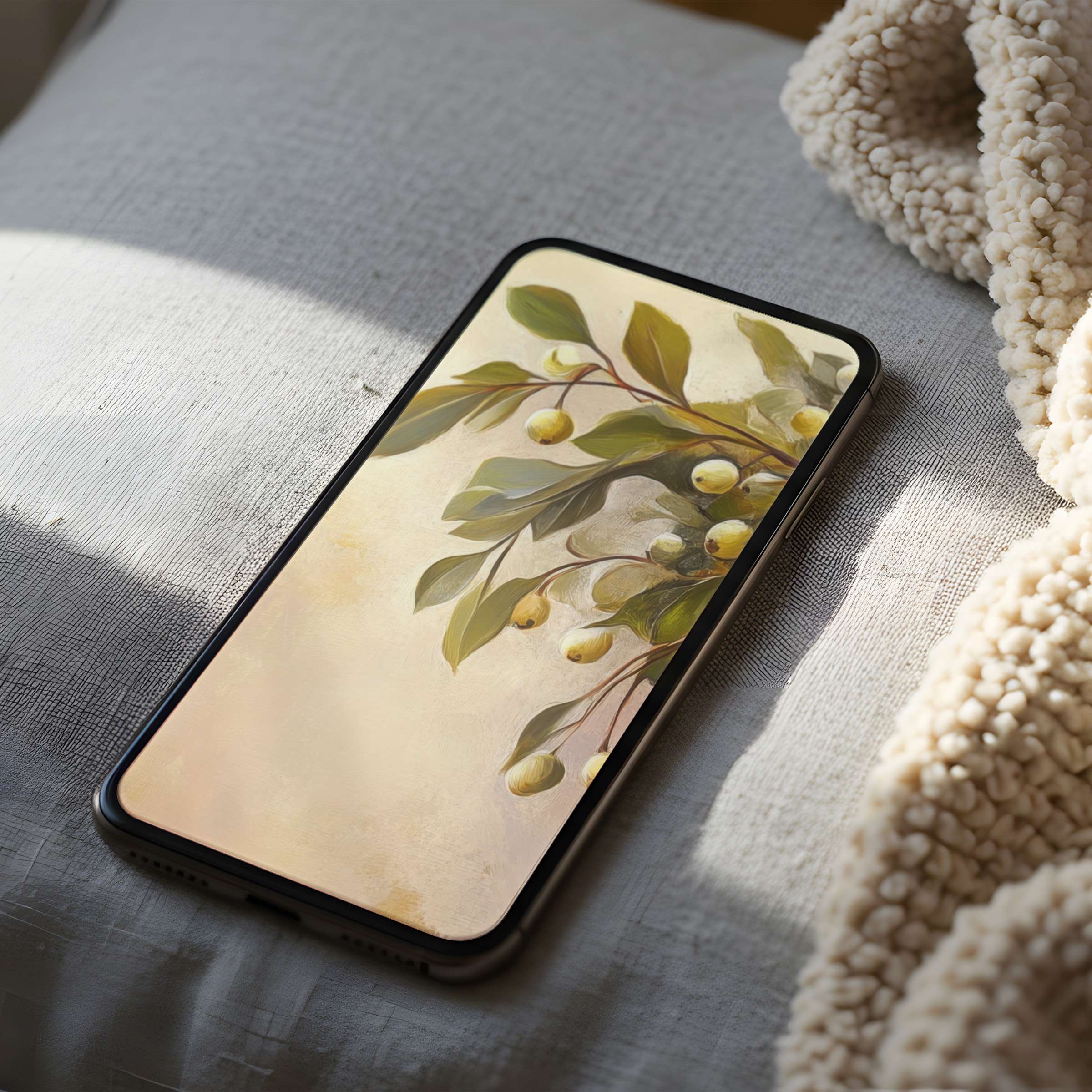Elegant olive branch phone wallpaper in high resolution offers serenity and style, perfect for iPhone and Android digital download