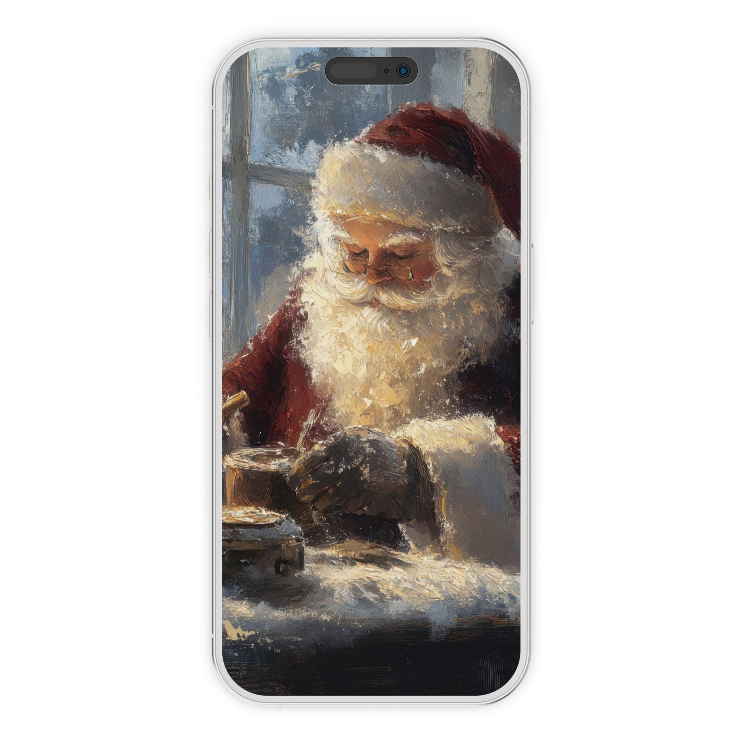 Cozy digital download christmas iPhone wallpaper with Santa painting, perfect serene phone background for iPhone and Android devices
