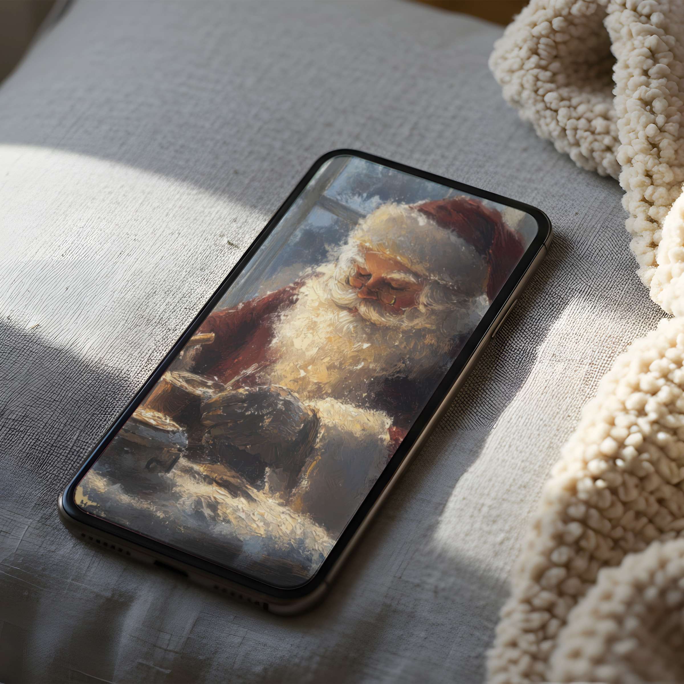 Warm and inviting phone wallpaper featuring artistic Santa Claus design, perfect for iPhone and android digital downloads, creating cozy ambiance