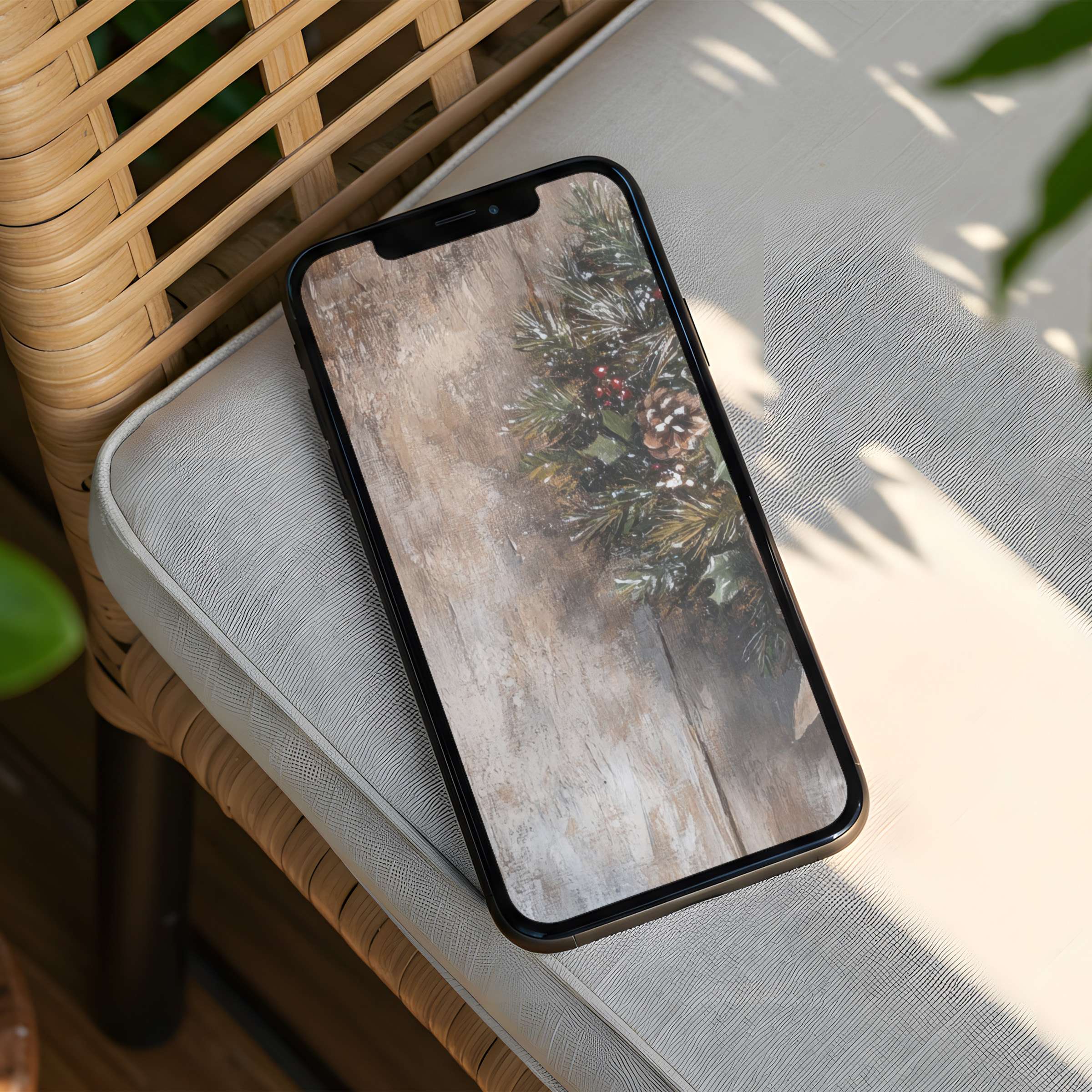Elegant iPhone background showcasing rustic wood and pine wreath evokes calm and inspiration available for instant download to your phone