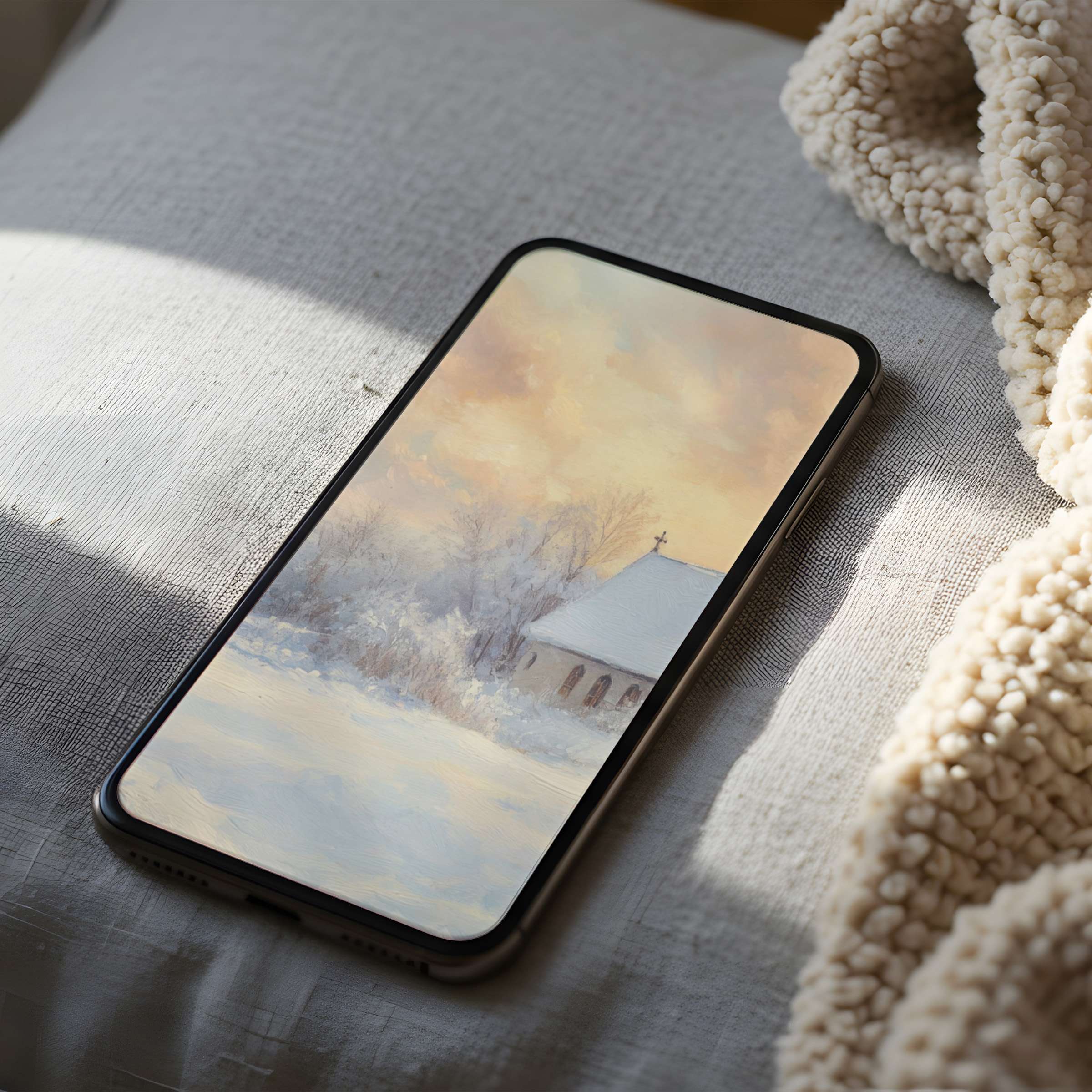 Serene winter landscape phone wallpaper with a cozy church captures tranquility for your iPhone or android high-resolution download