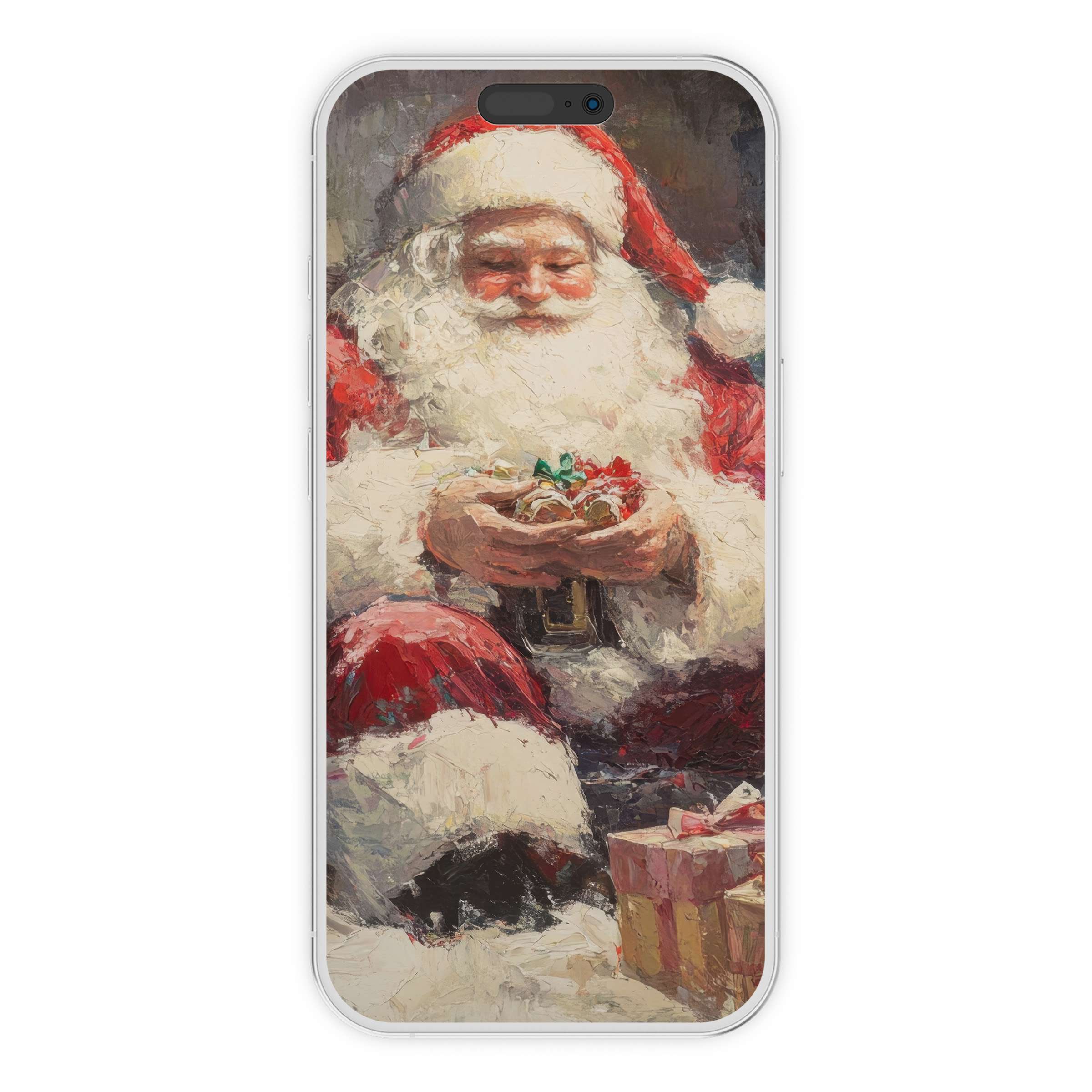 Christmas iPhone wallpaper featuring a textured Santa Claus painting offers an inspiring, festive digital download for phone background elegance
