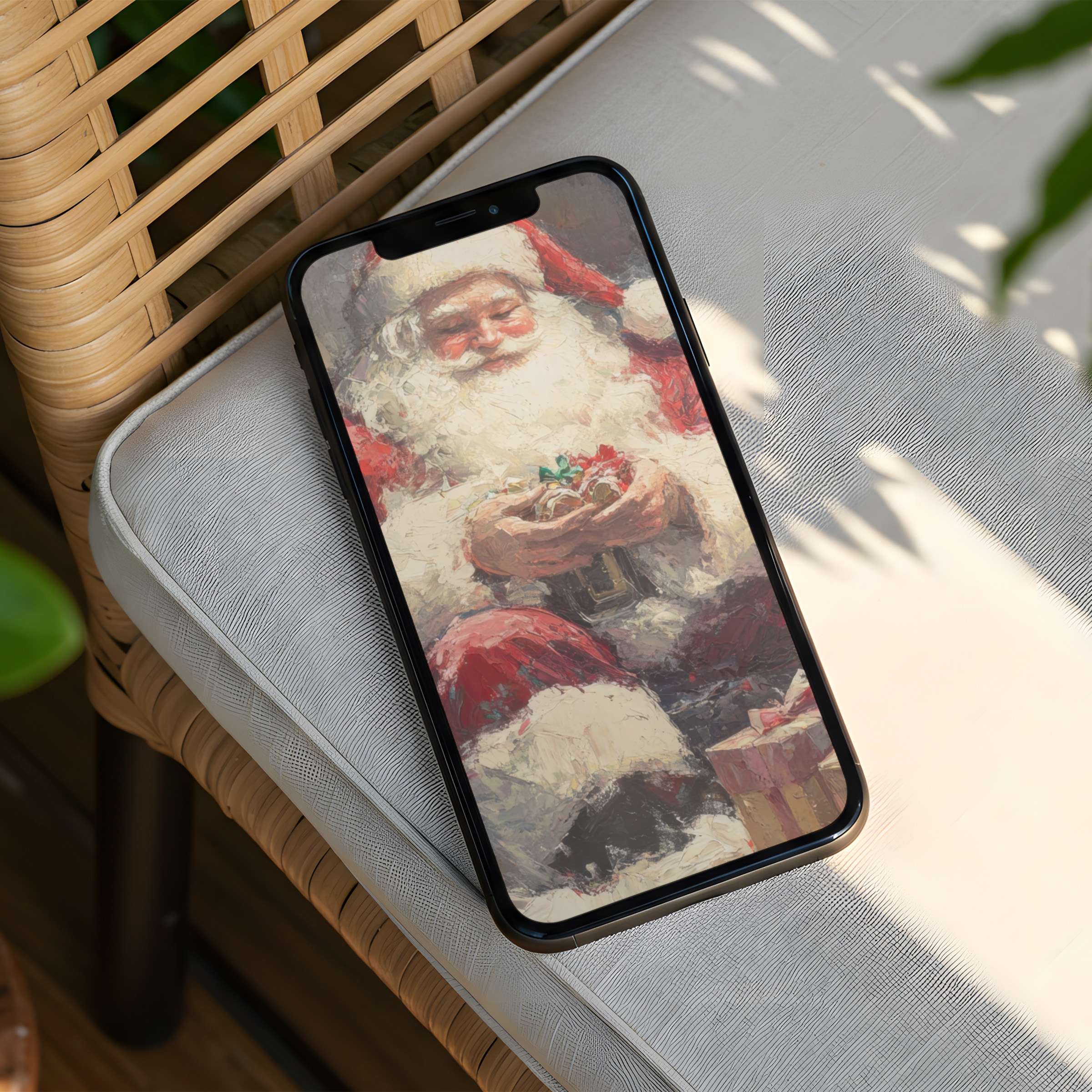 Santa art iPhone background on wicker chair offers an elegant, festive vibe perfect for instant download to any phone