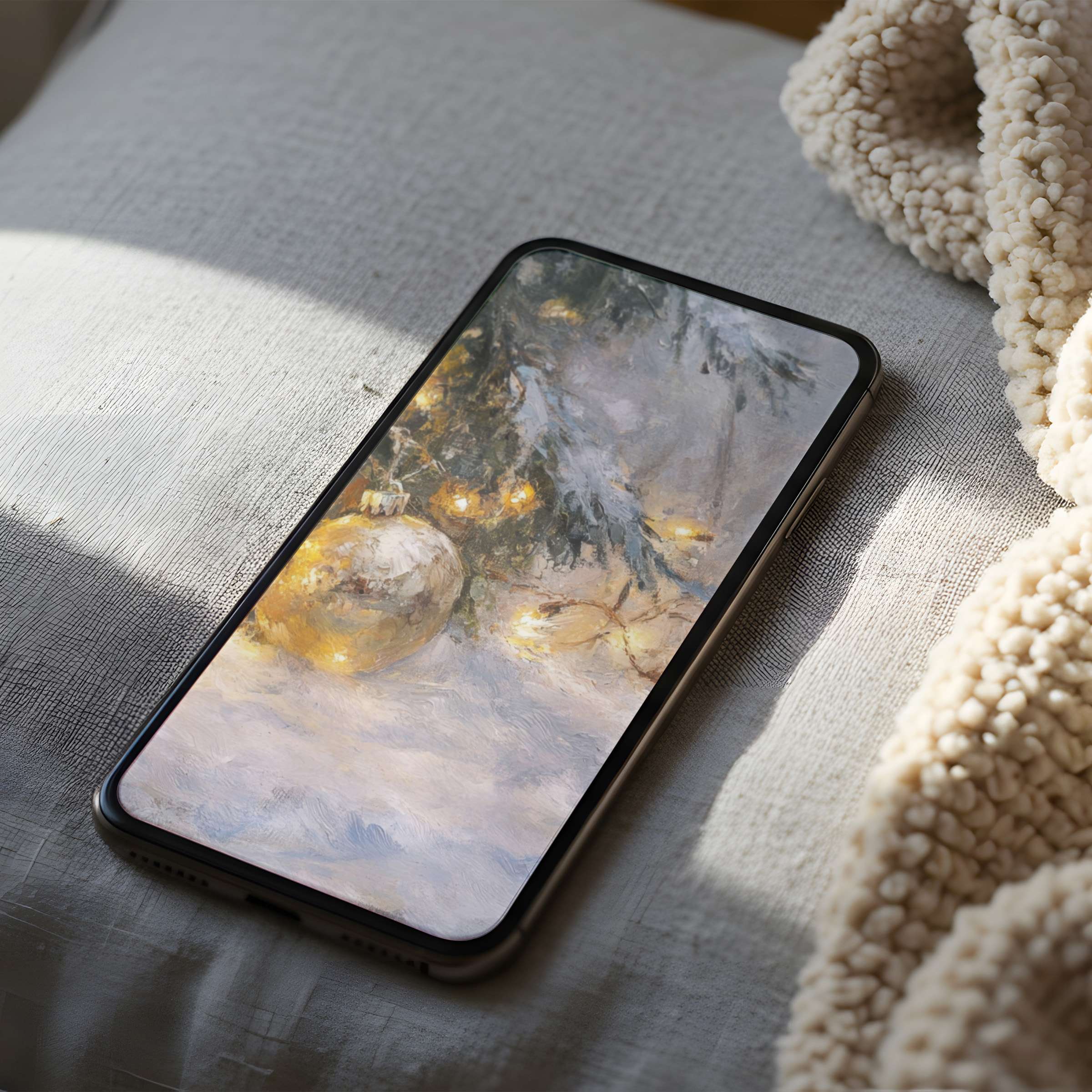 Elegant phone wallpaper featuring serene winter scene with soft lights and snow on iPhone, perfect for calming, high resolution download