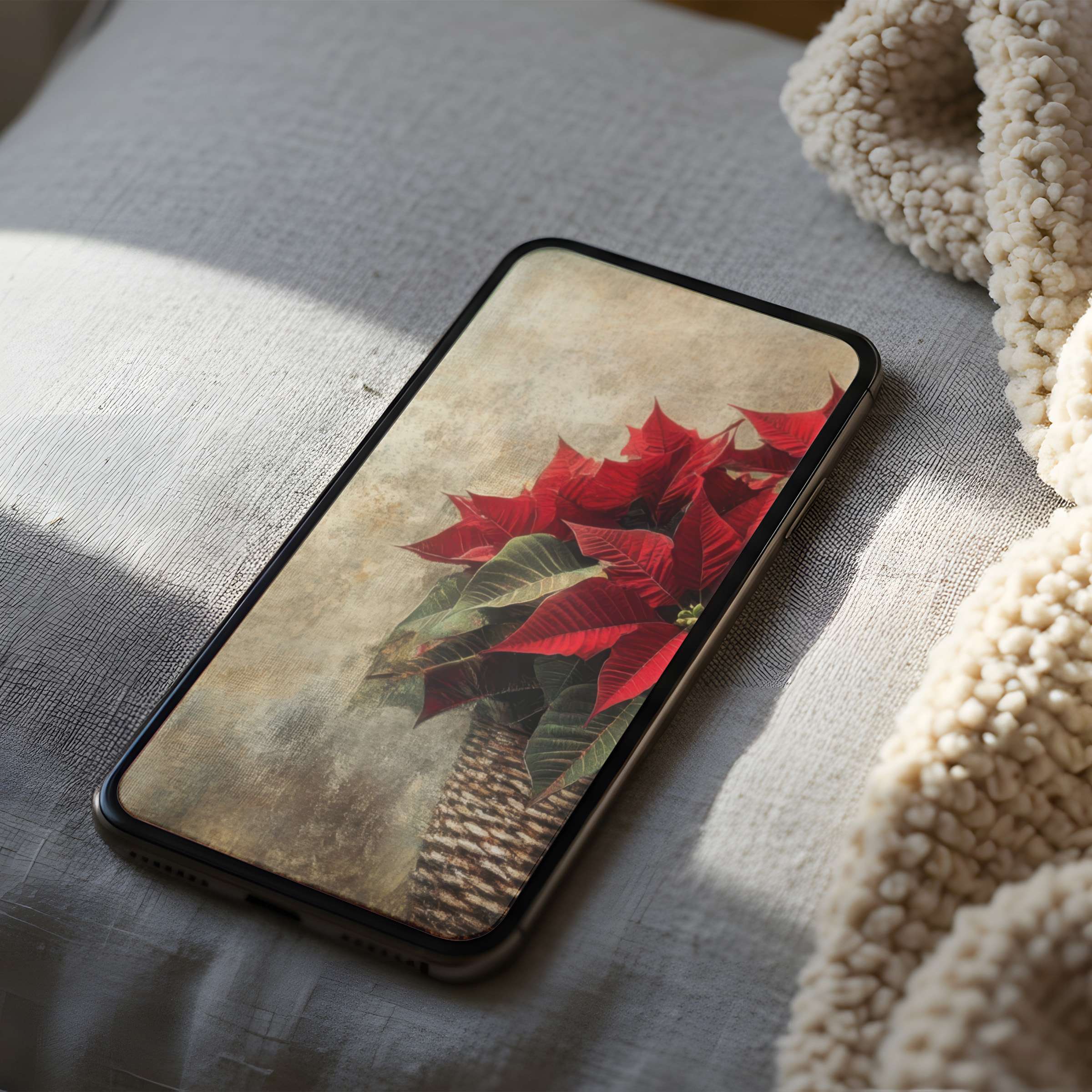 Elegant poinsettia phone wallpaper in high resolution offers serenity with rich red hues against a textured backdrop, ideal for iPhone