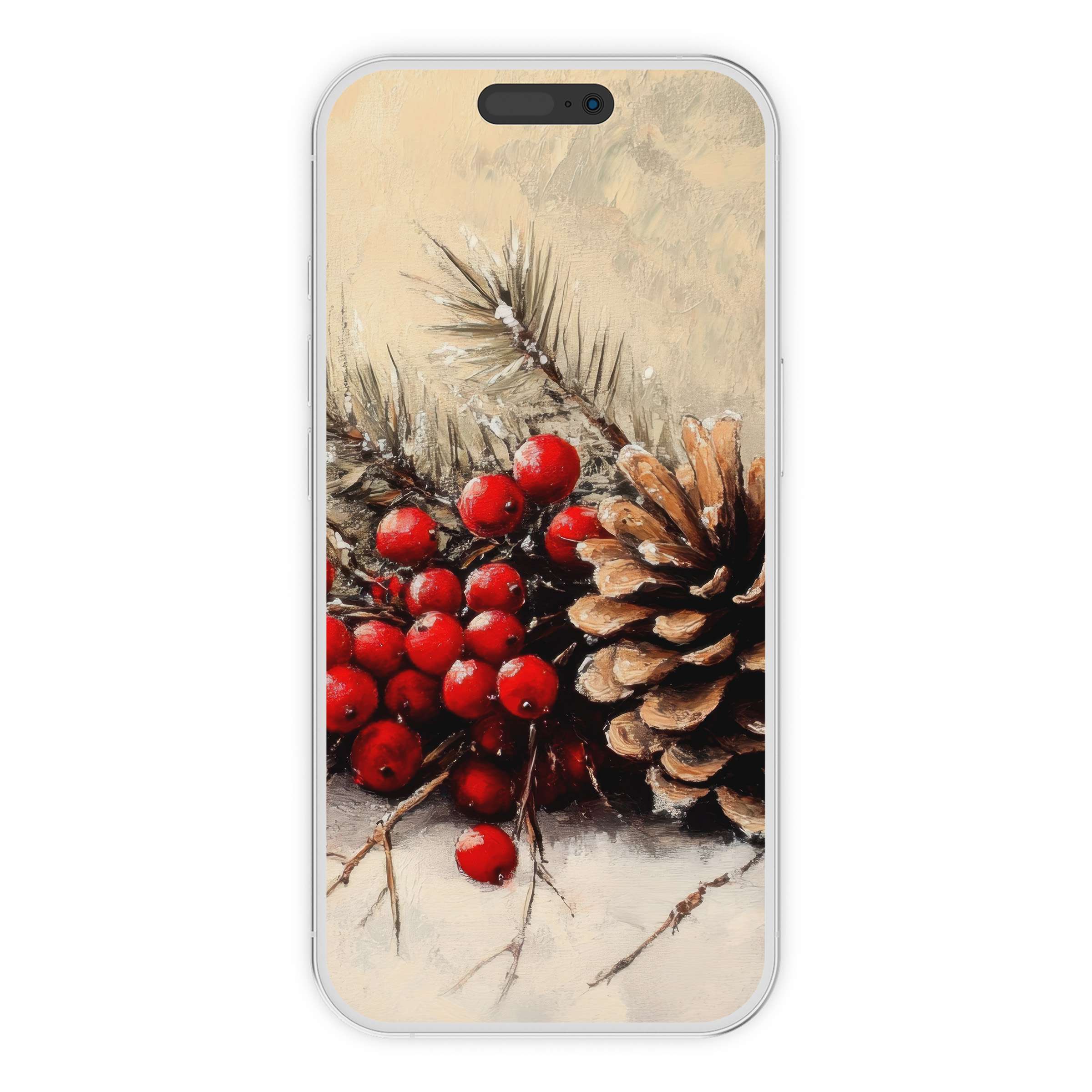Elegant christmas iPhone wallpaper with red berries, pinecone, and snow, perfect phone background digital download for serene holiday vibes